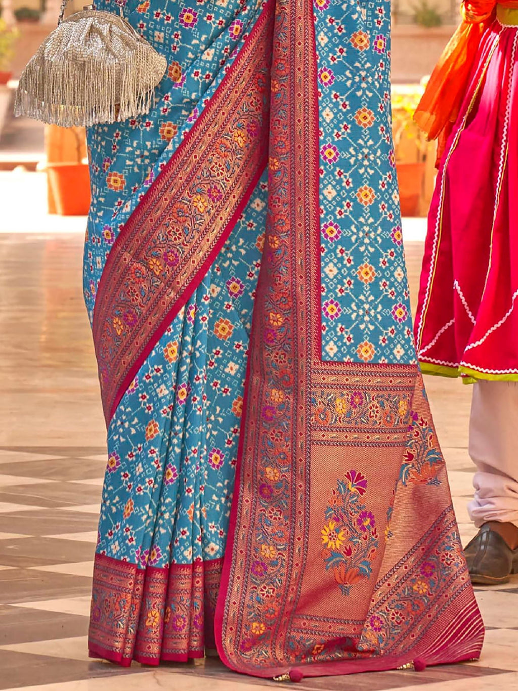 Adorning Blue Silk Patola Printed Festival Wear Saree With Blouse
