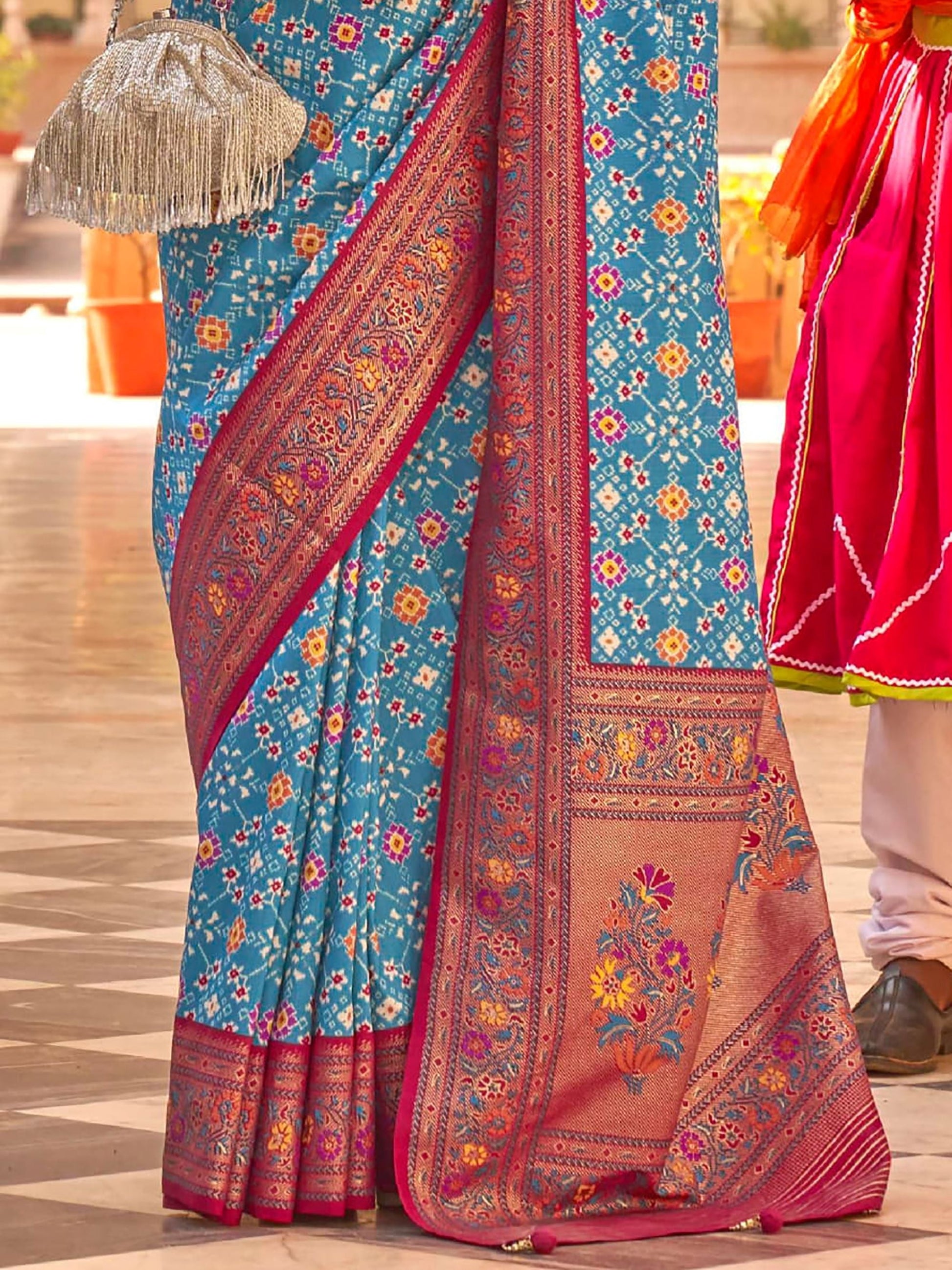 Adorning Blue Silk Patola Printed Festival Wear Saree With Blouse