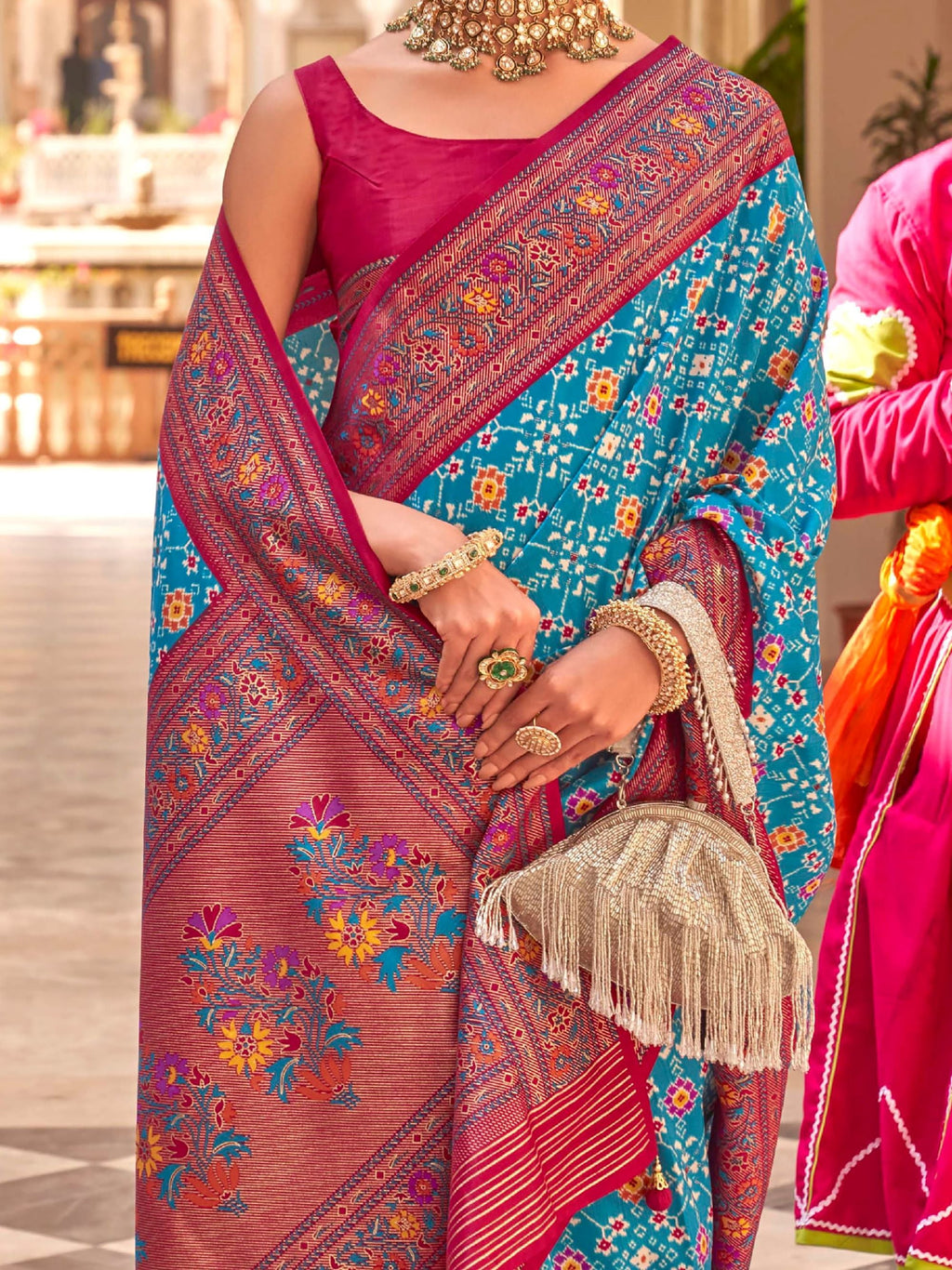 Adorning Blue Silk Patola Printed Festival Wear Saree With Blouse