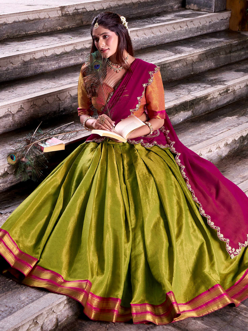 Fantastic Olive Green Kanchipuram Silk Traditional Half Saree Lehenga