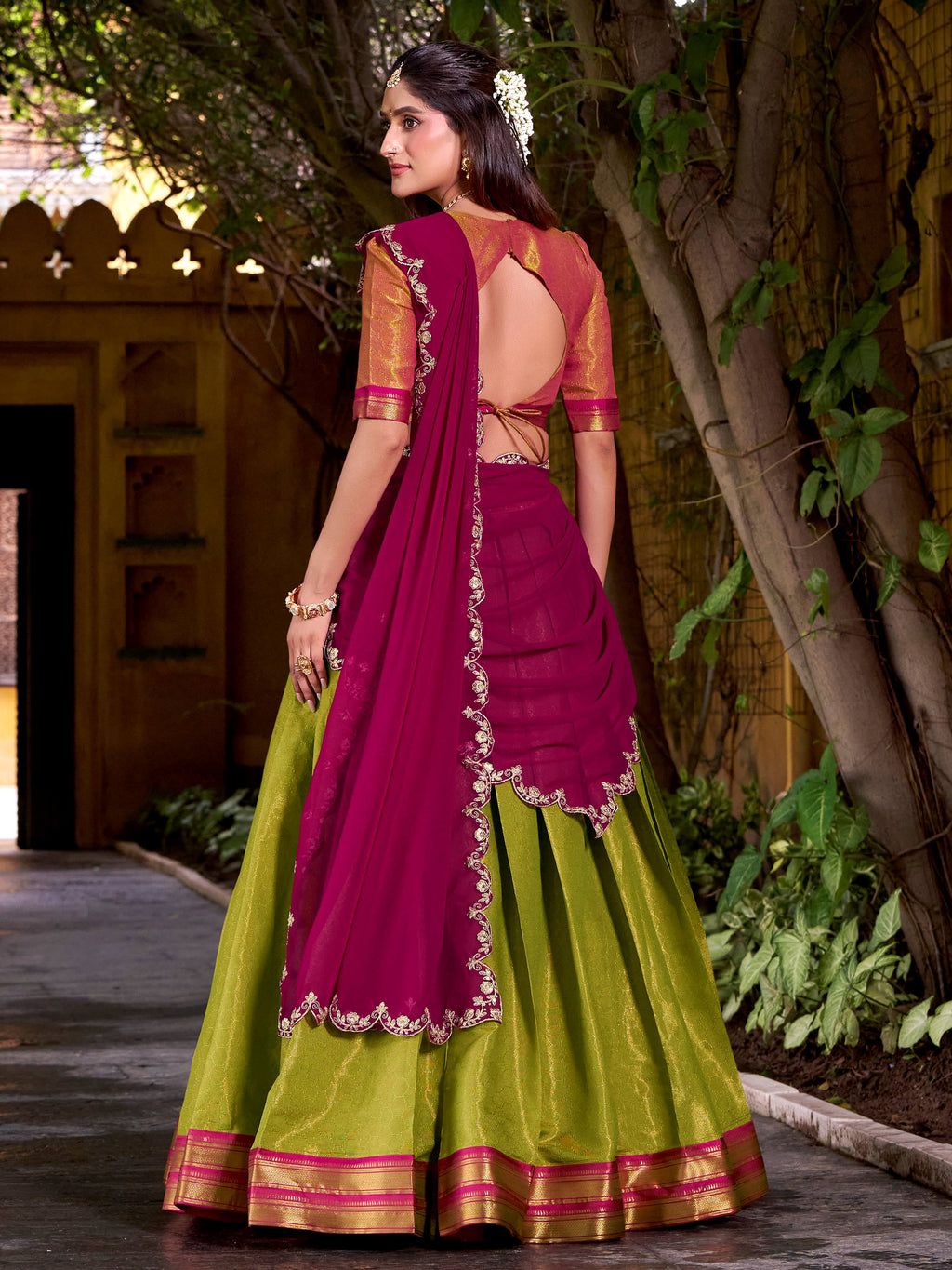 Fantastic Olive Green Kanchipuram Silk Traditional Half Saree Lehenga