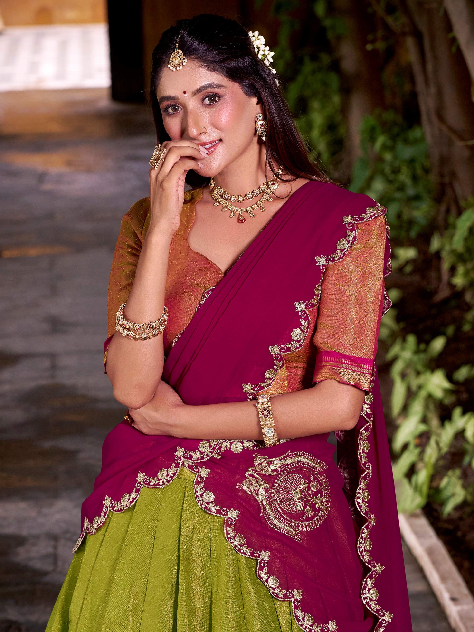 Fantastic Olive Green Kanchipuram Silk Traditional Half Saree Lehenga