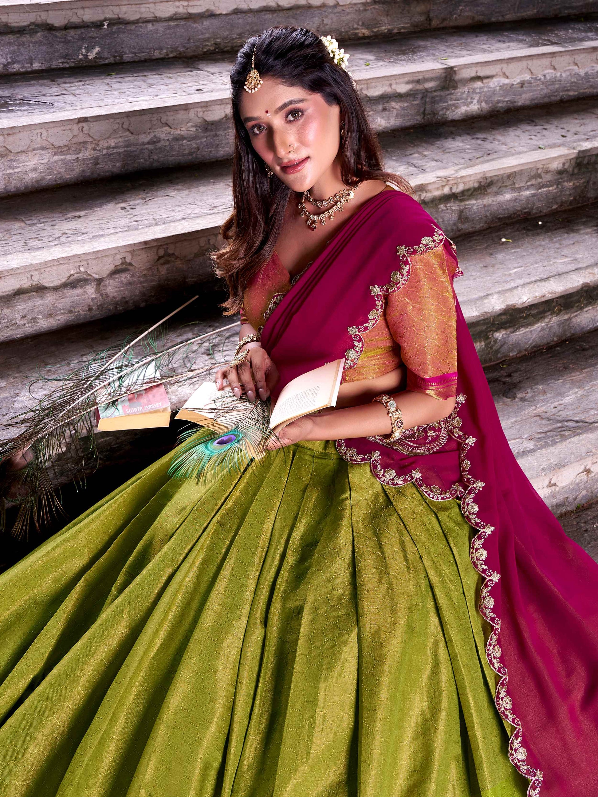 Fantastic Olive Green Kanchipuram Silk Traditional Half Saree Lehenga