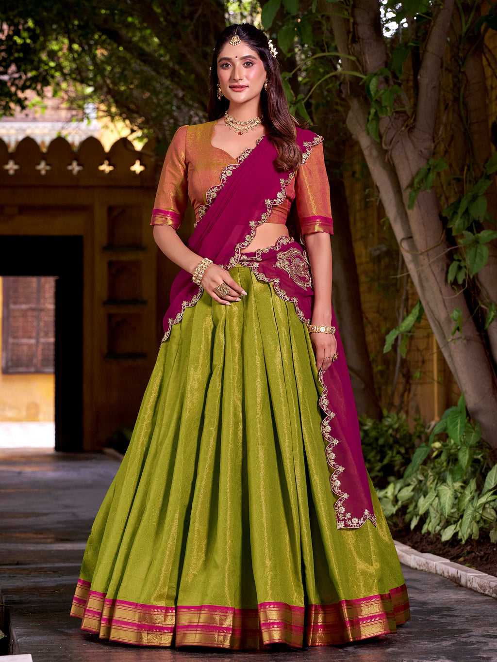 Fantastic Olive Green Kanchipuram Silk Traditional Half Saree Lehenga