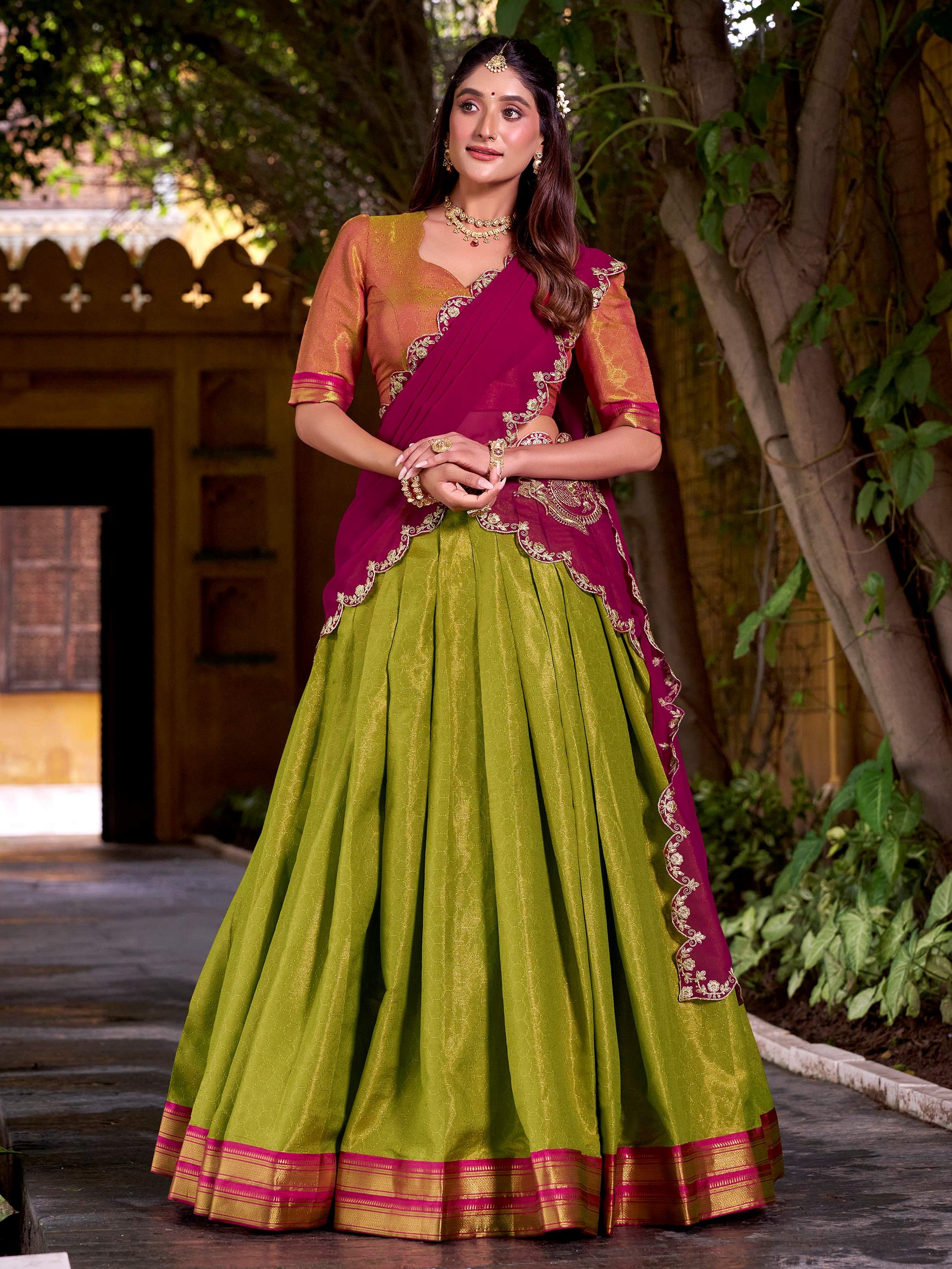 Fantastic Olive Green Kanchipuram Silk Traditional Half Saree Lehenga