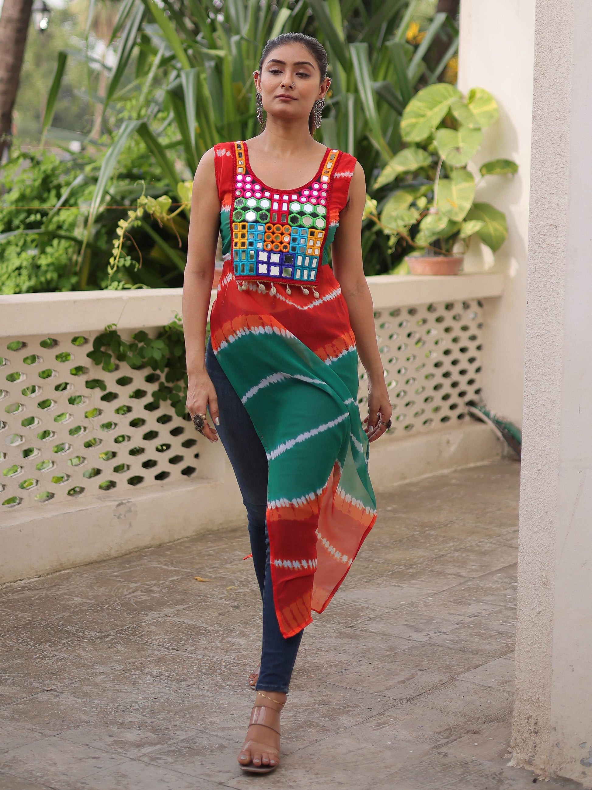 Mesmerizing Multi-Color Georgette Mirror Work Traditional Kurti