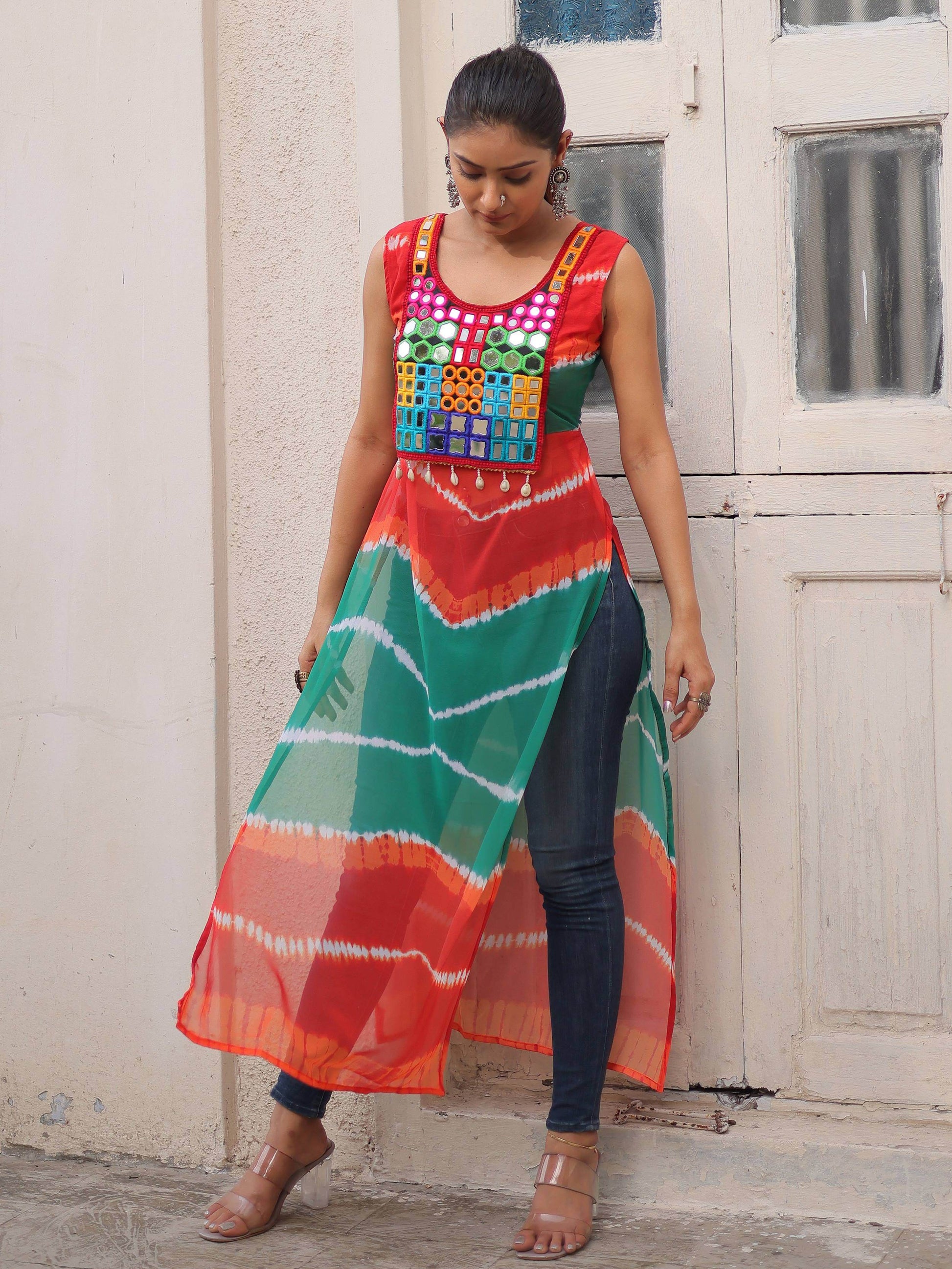 Mesmerizing Multi-Color Georgette Mirror Work Traditional Kurti