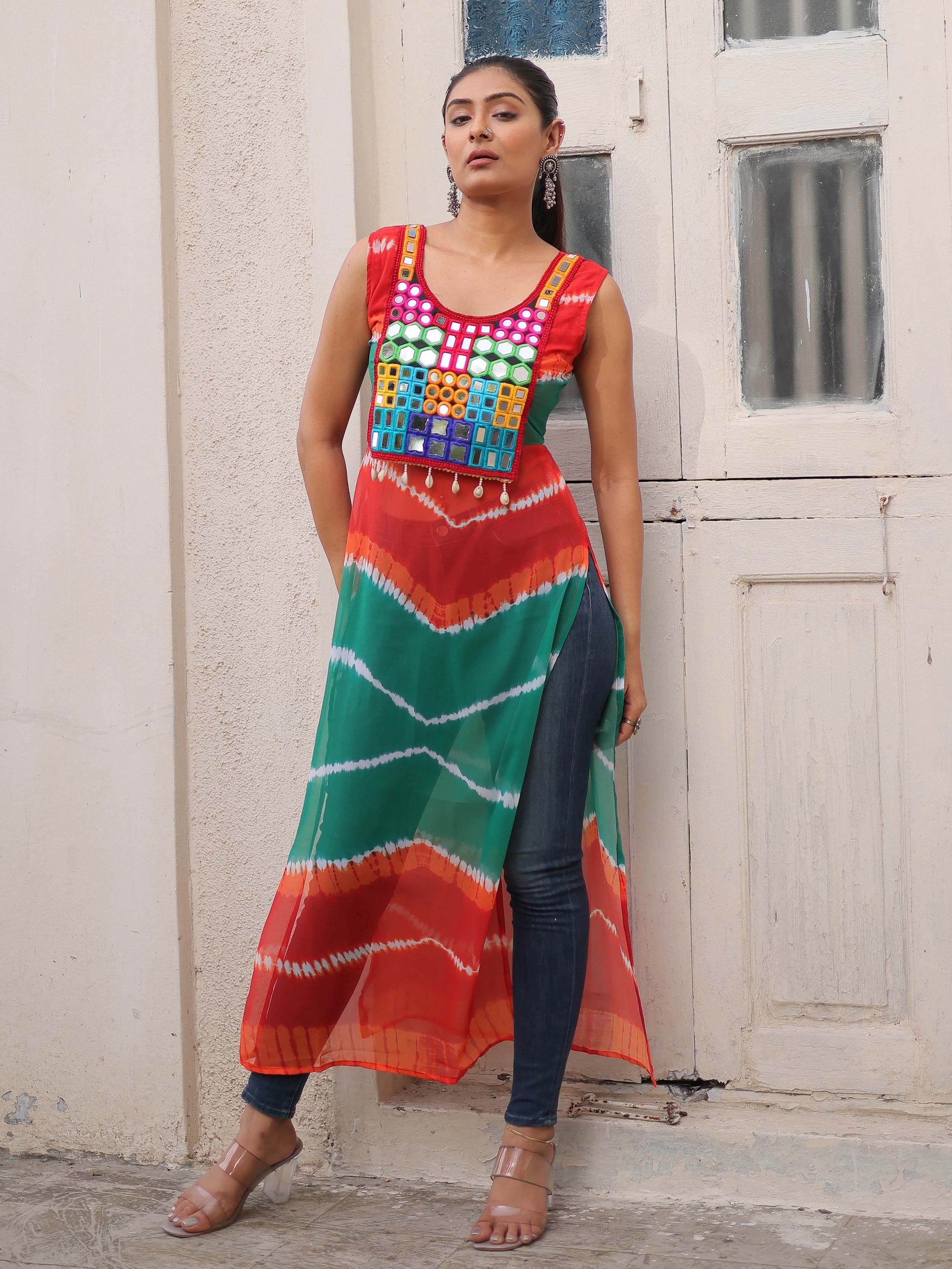 Mesmerizing Multi-Color Georgette Mirror Work Traditional Kurti