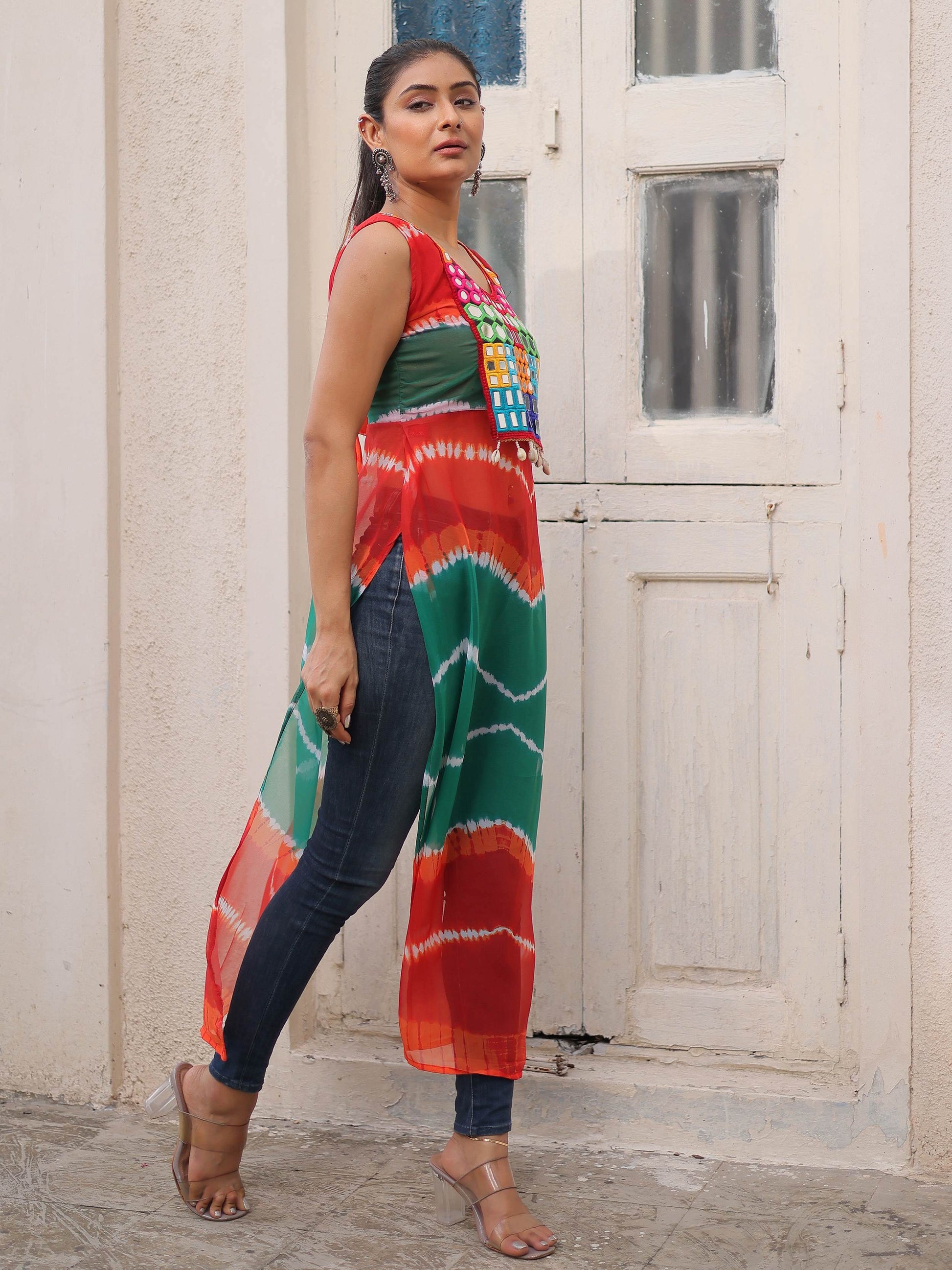 Mesmerizing Multi-Color Georgette Mirror Work Traditional Kurti