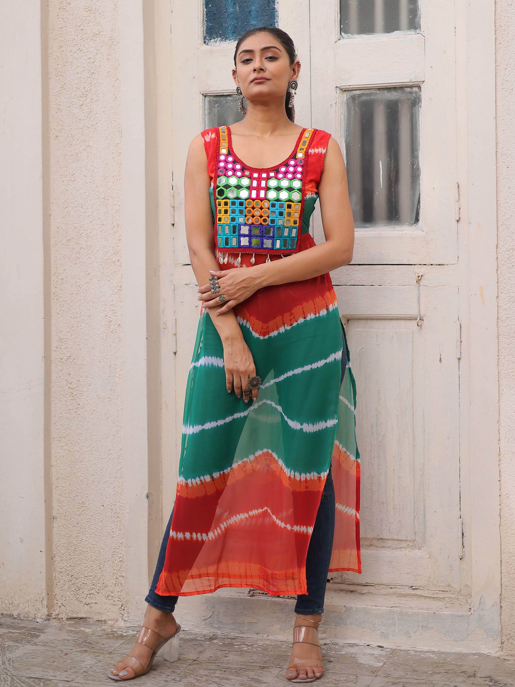 Mesmerizing Multi-Color Georgette Mirror Work Traditional Kurti