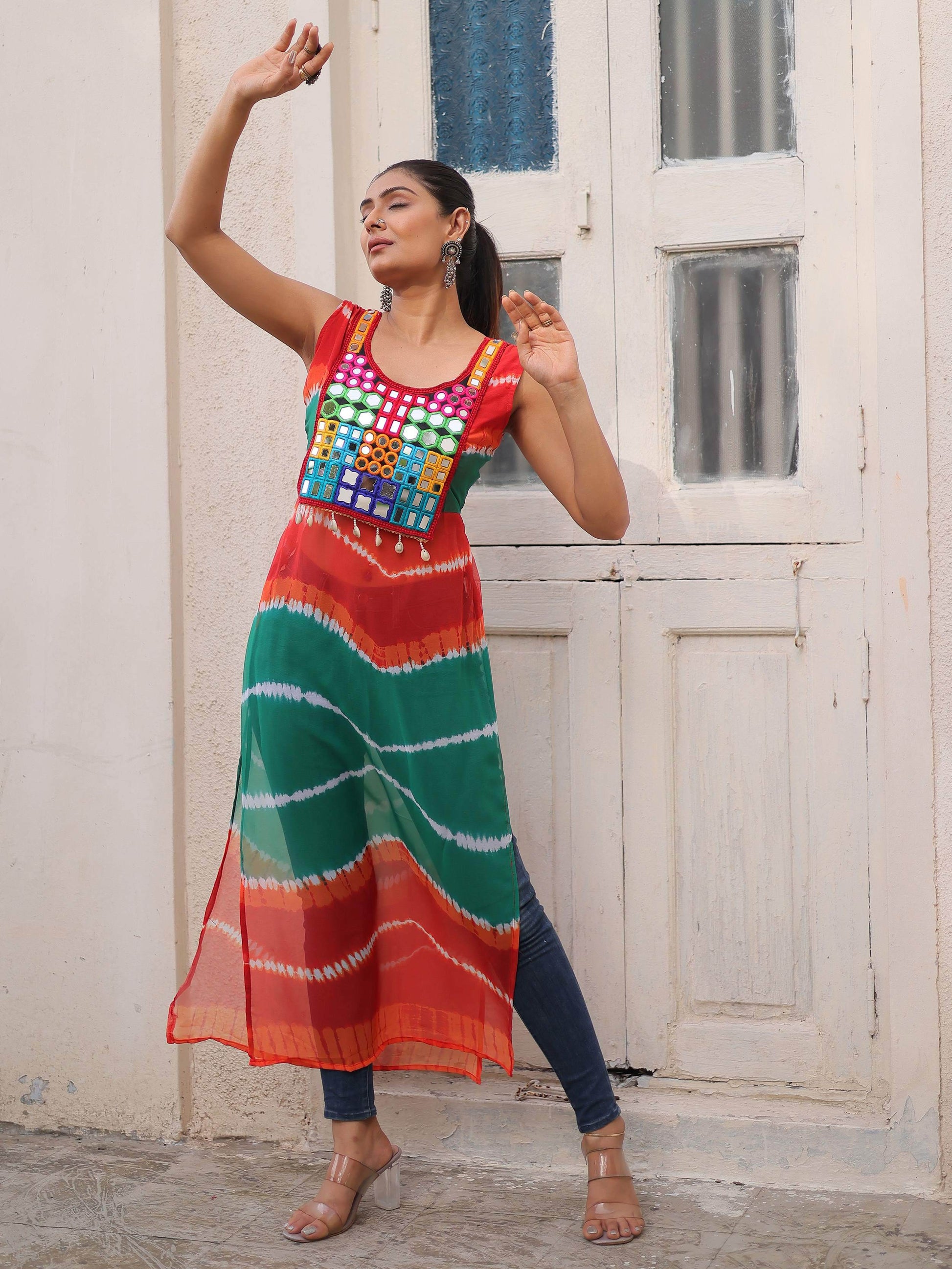 Mesmerizing Multi-Color Georgette Mirror Work Traditional Kurti