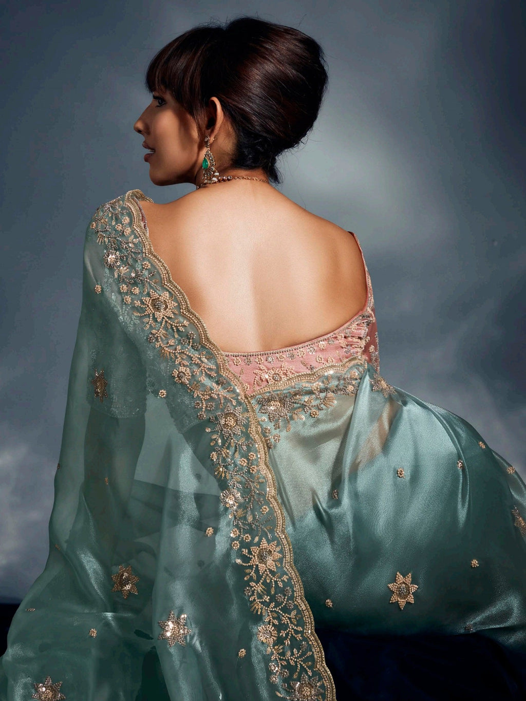 Artistic Sky Blue Organza Border Work Party Wear Saree With Blouse