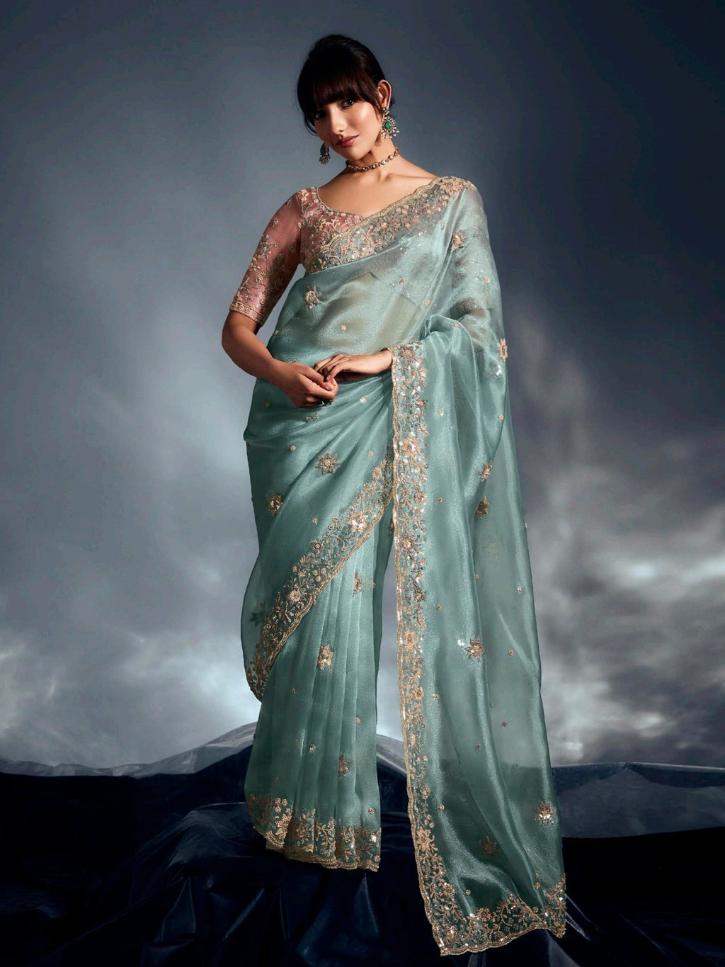 Artistic Sky Blue Organza Border Work Party Wear Saree With Blouse