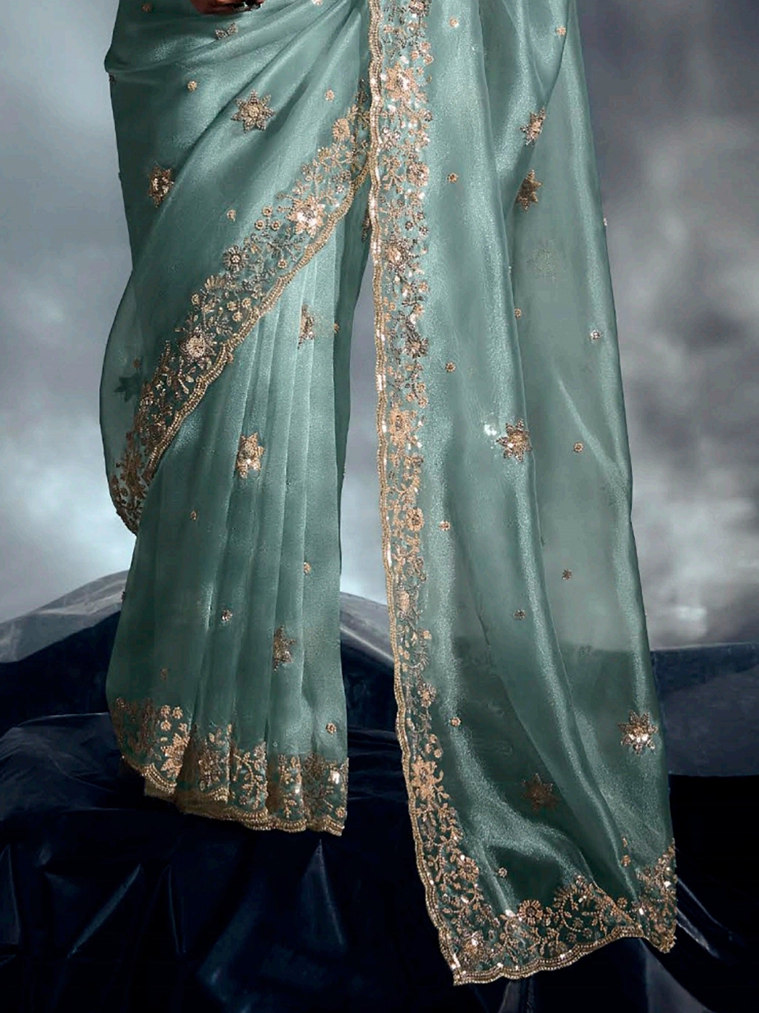 Artistic Sky Blue Organza Border Work Party Wear Saree With Blouse