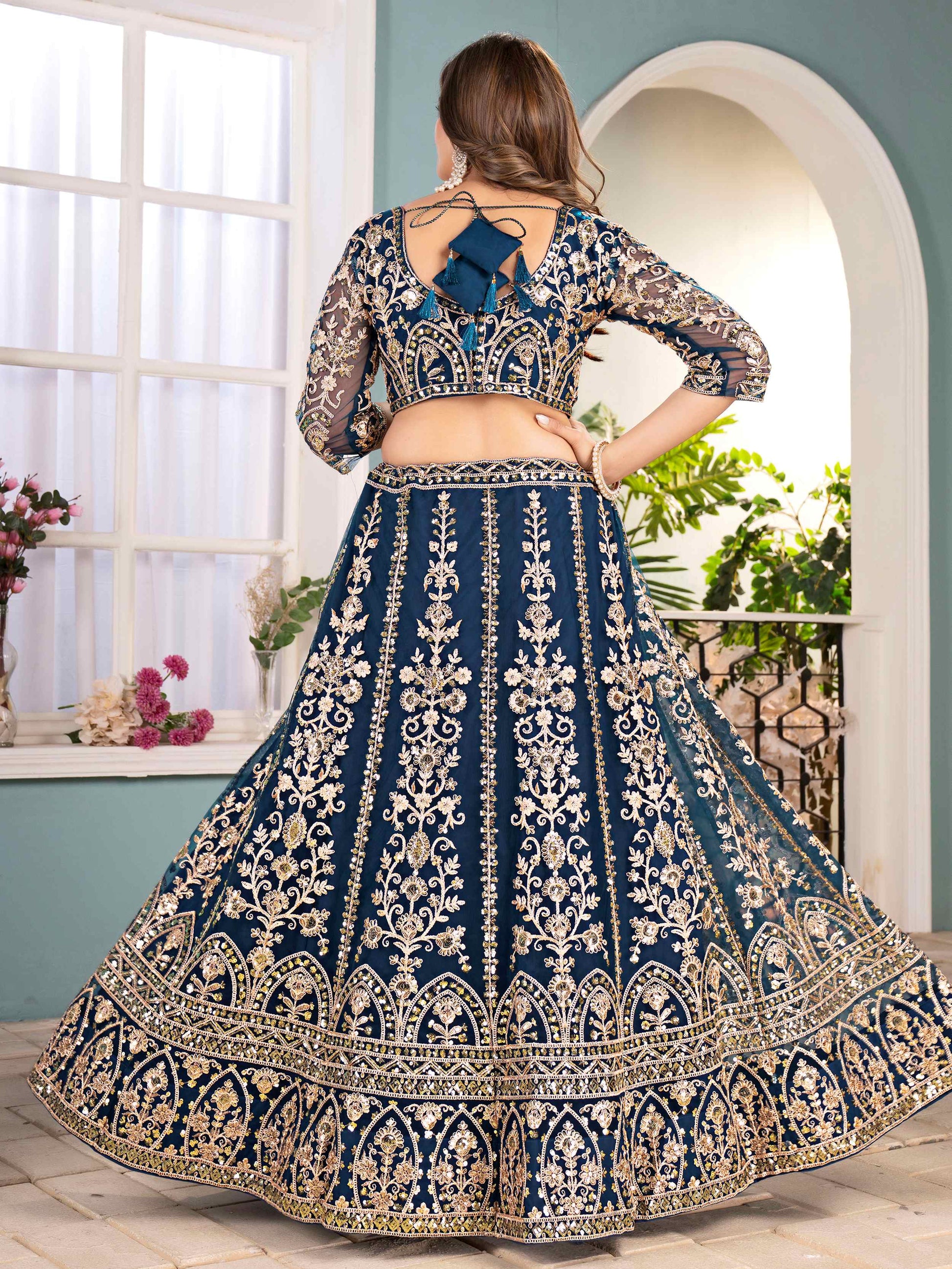 Glorious Teal Blue Net Coding Work Reception Wear Lehenga Choli