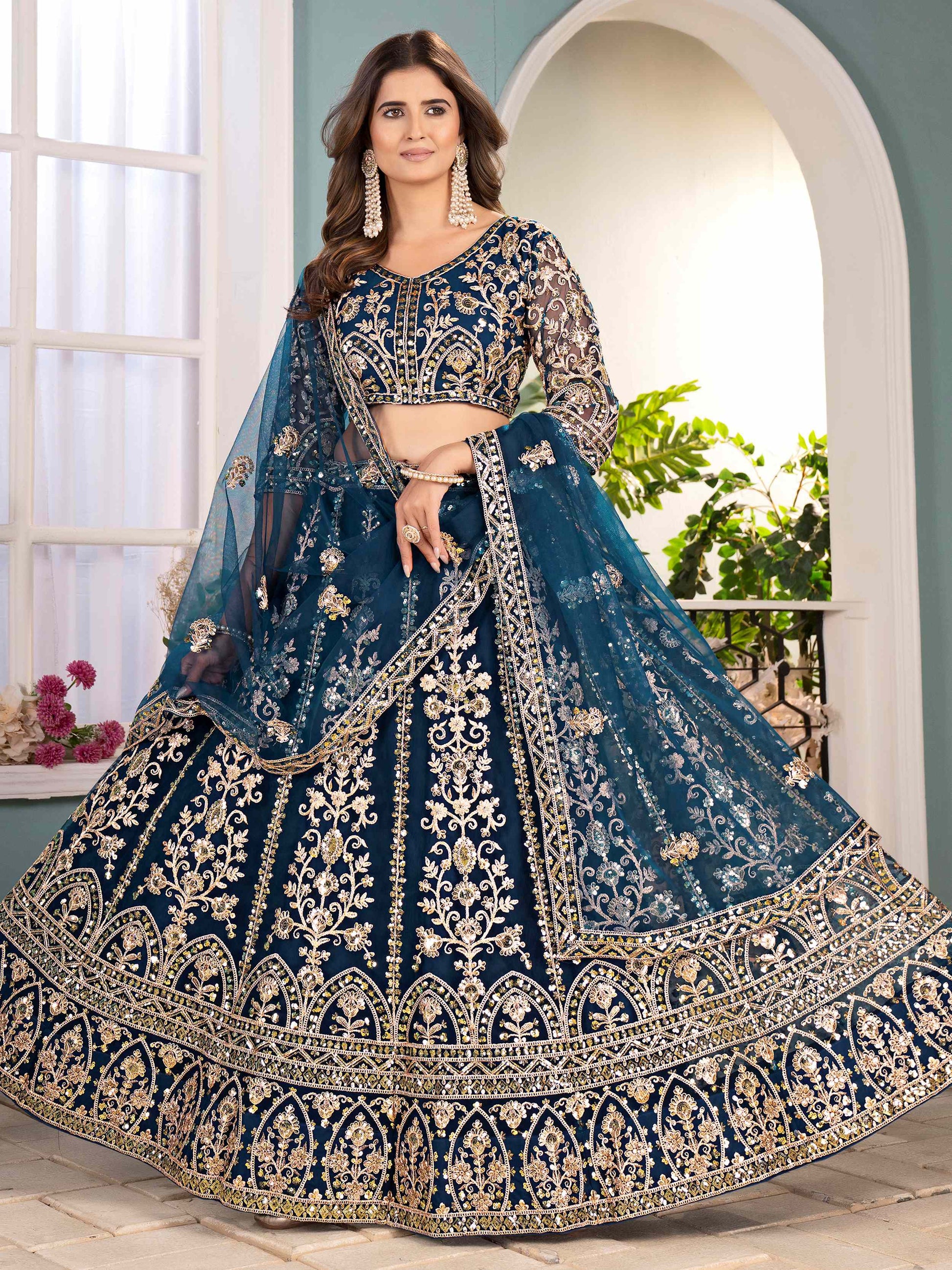 Glorious Teal Blue Net Coding Work Reception Wear Lehenga Choli
