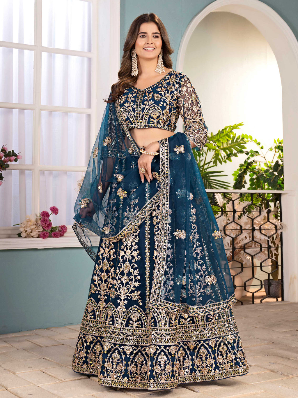 Glorious Teal Blue Net Coding Work Reception Wear Lehenga Choli