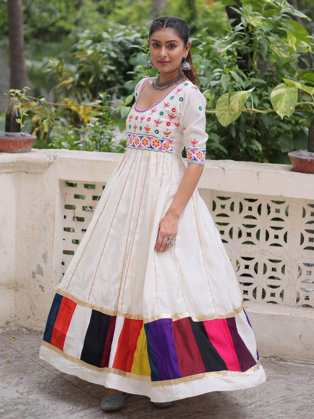 Timeless White Cotton Gota Patti Work Navratri Wear Gown