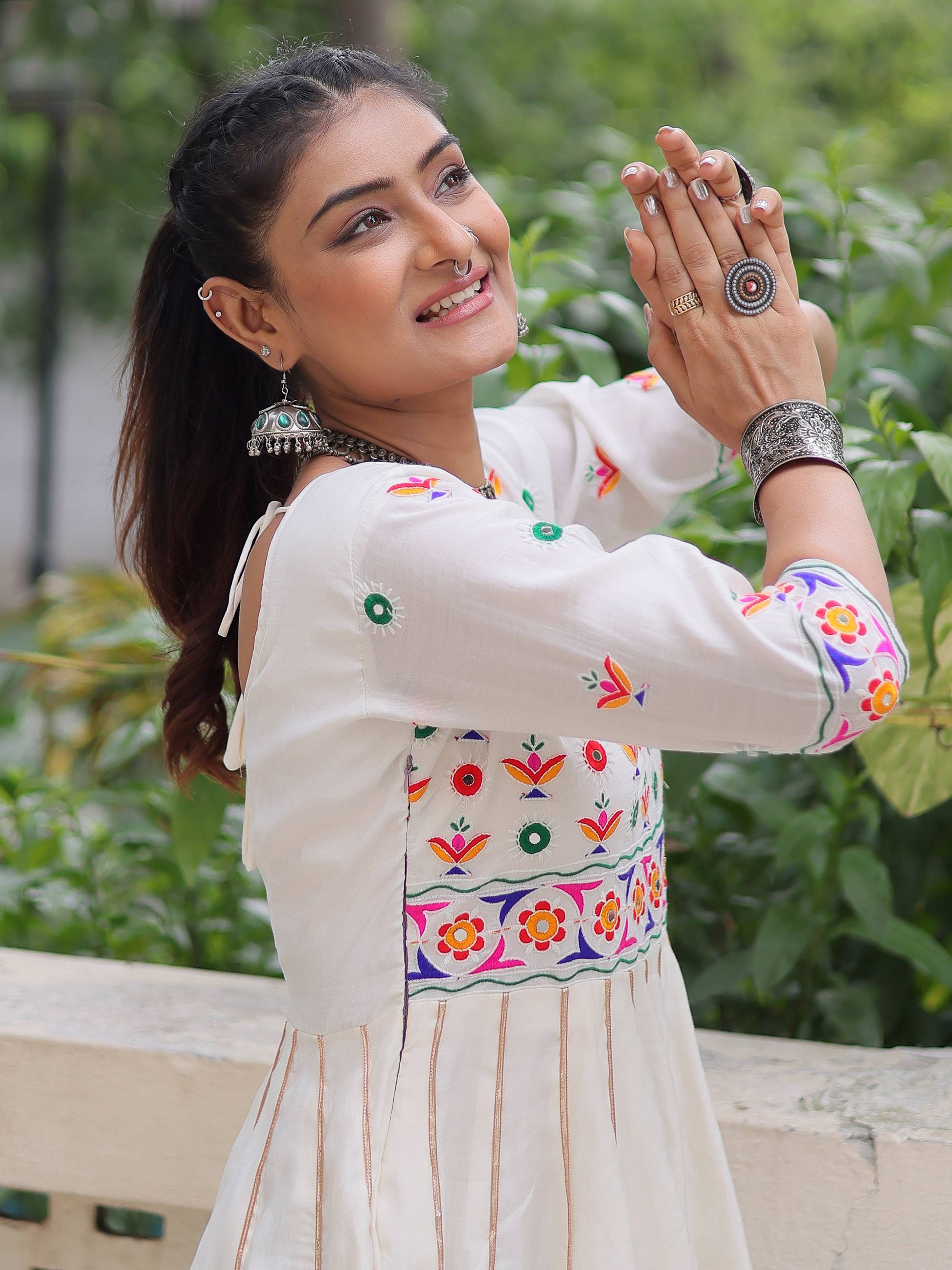 Timeless White Cotton Gota Patti Work Navratri Wear Gown