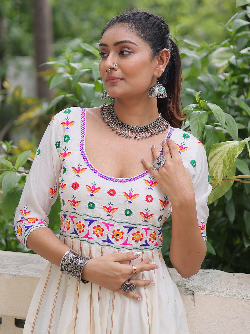 Timeless White Cotton Gota Patti Work Navratri Wear Gown