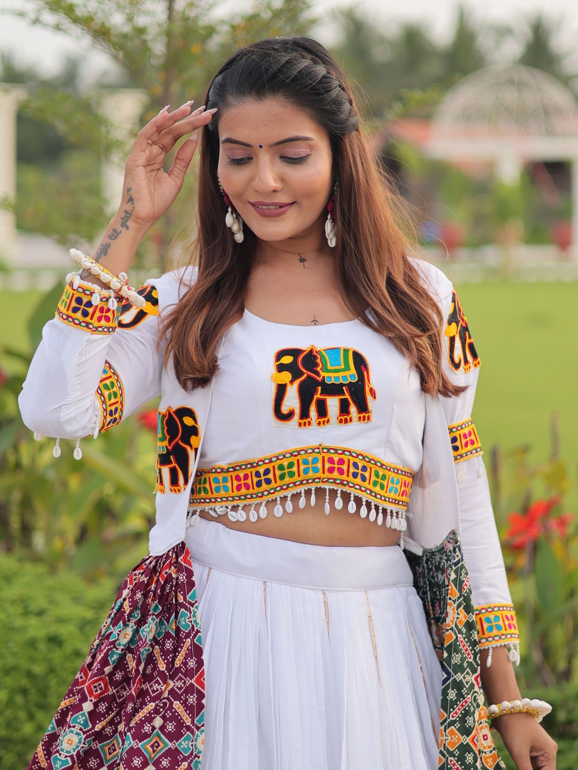 Wonderful White Cotton Gamthi Work Crop Top Lehenga With Jacket