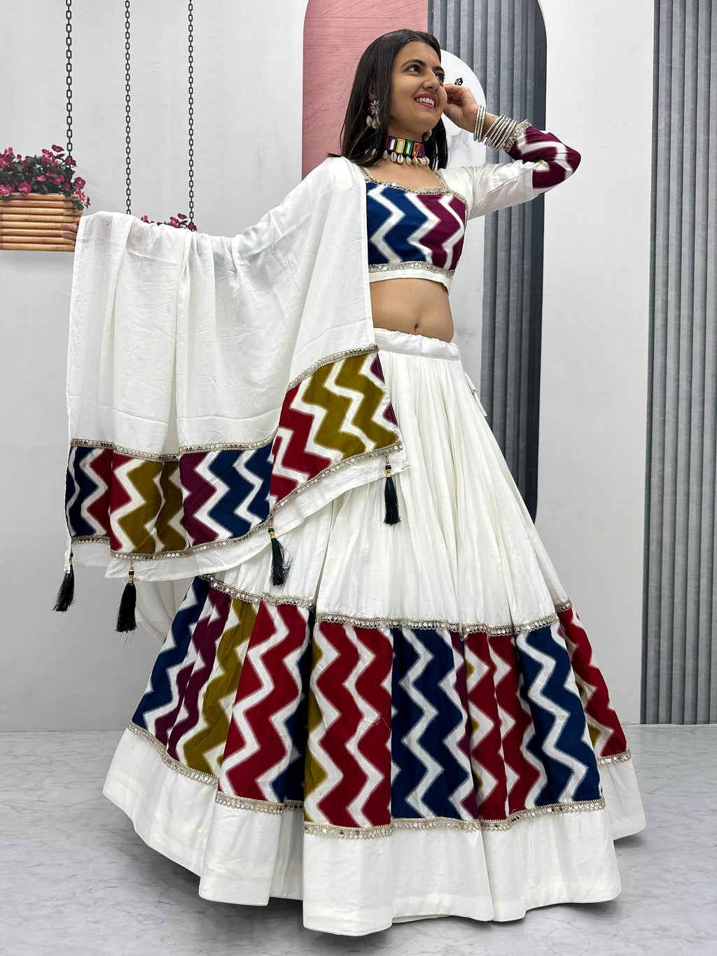 Marvelous White Cotton Printed Navratri Wear Lehenga Choli