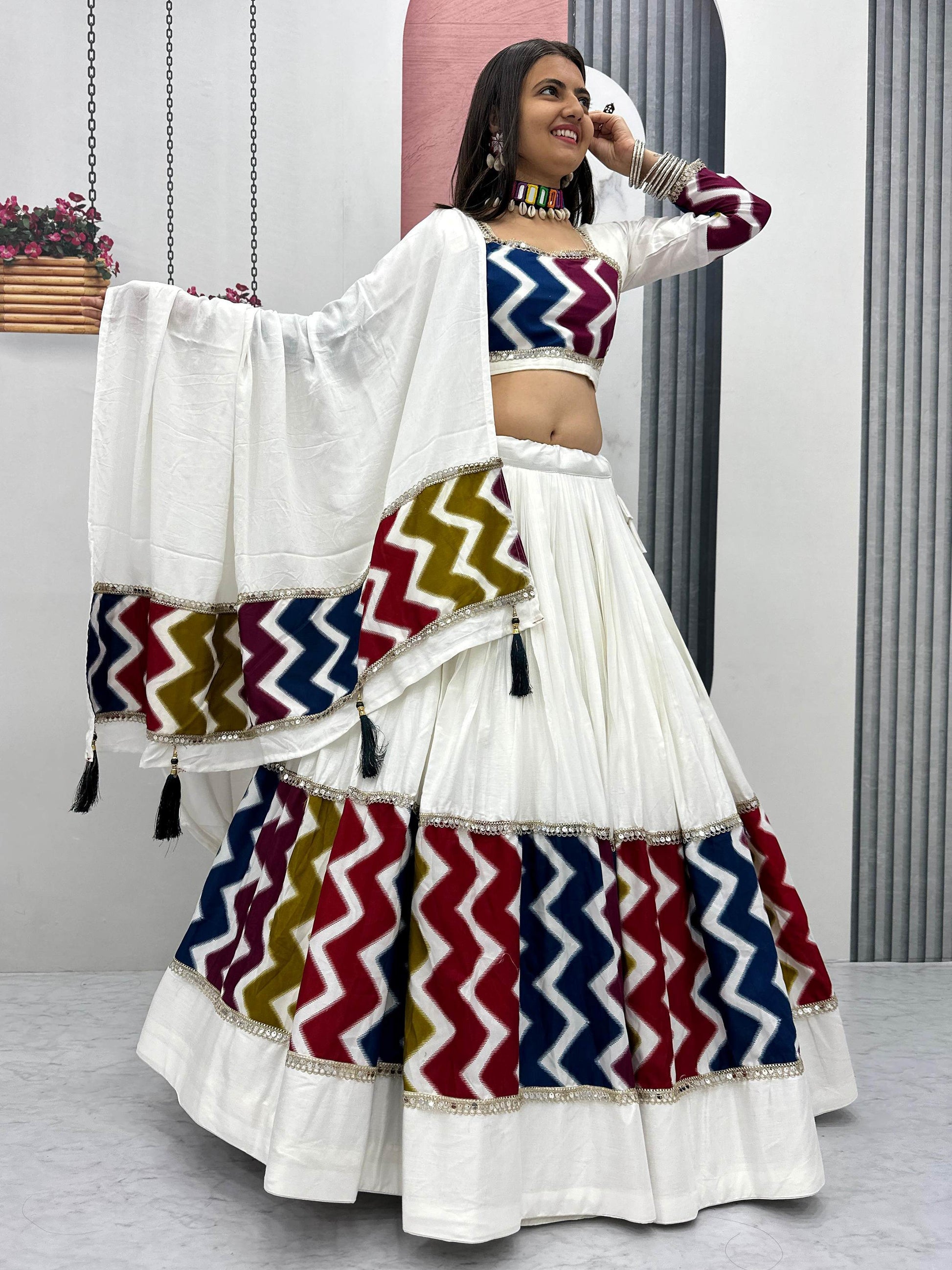 Marvelous White Cotton Printed Navratri Wear Lehenga Choli