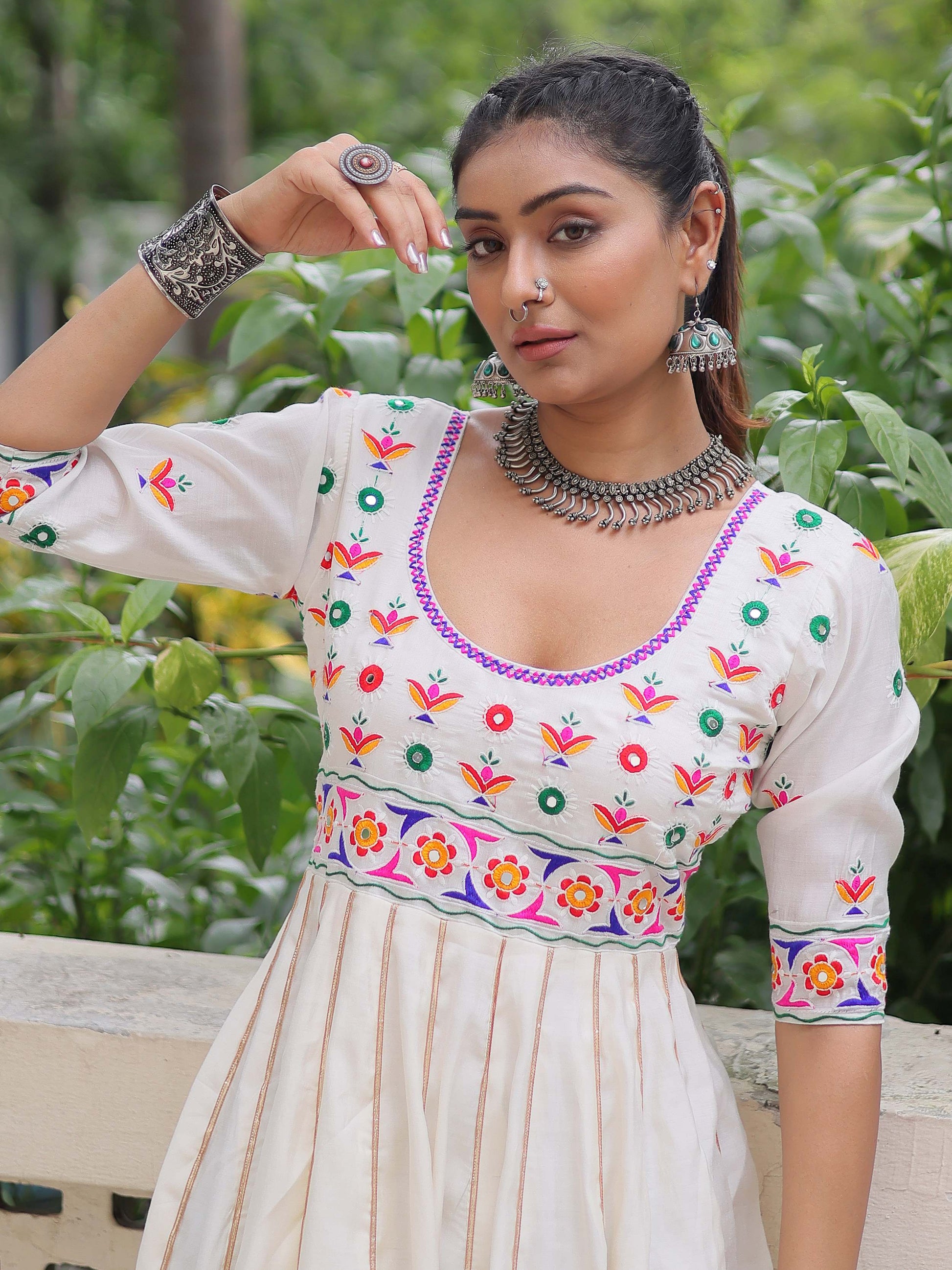 Timeless White Cotton Gota Patti Work Navratri Wear Gown