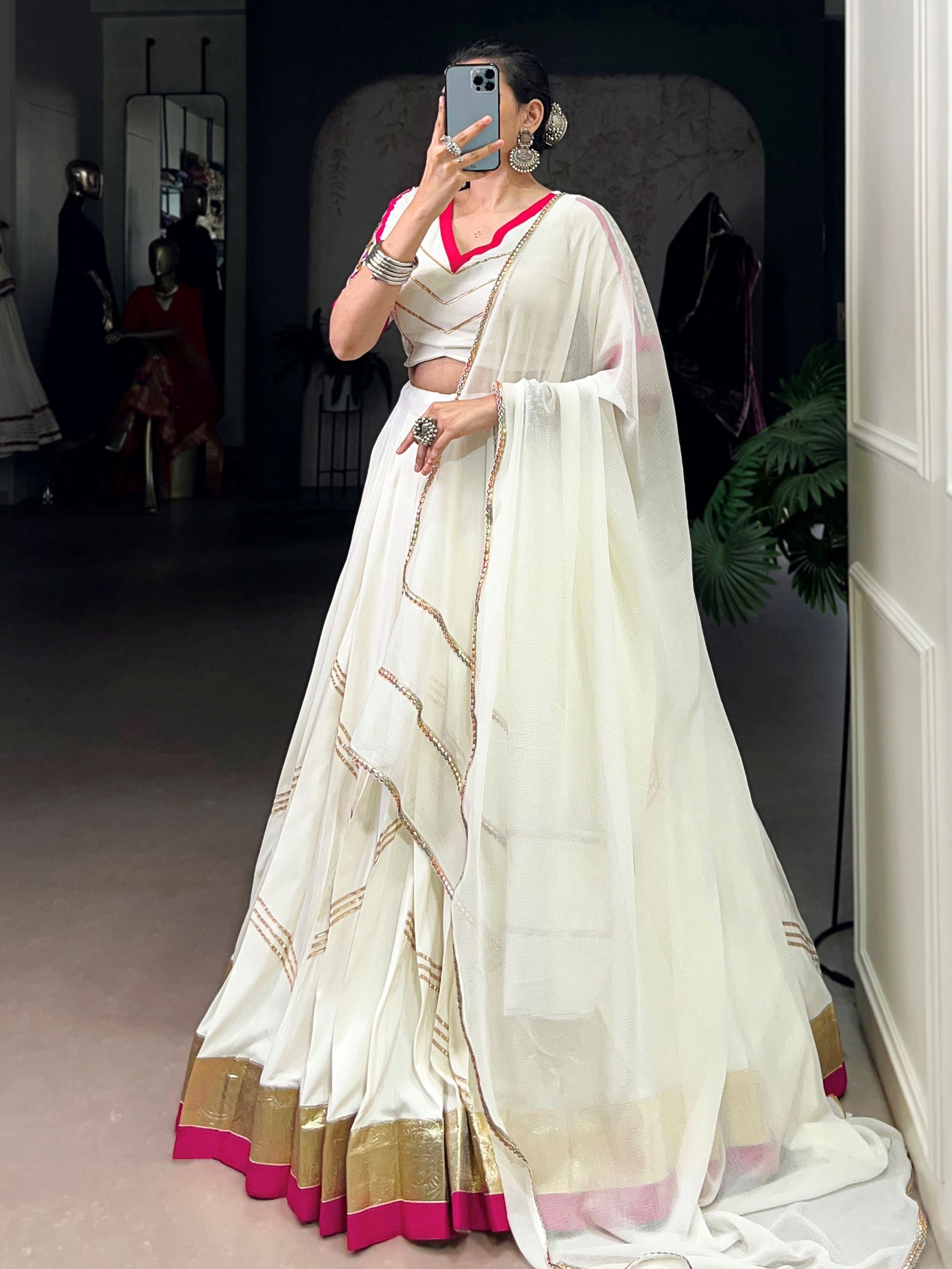 Desirable White Rayon Gota Patti Work Navratri Wear Lehenga Choli