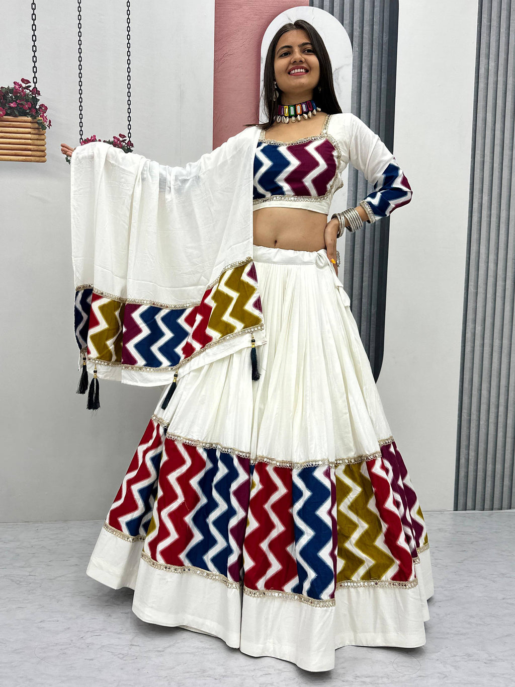 Marvelous White Cotton Printed Navratri Wear Lehenga Choli