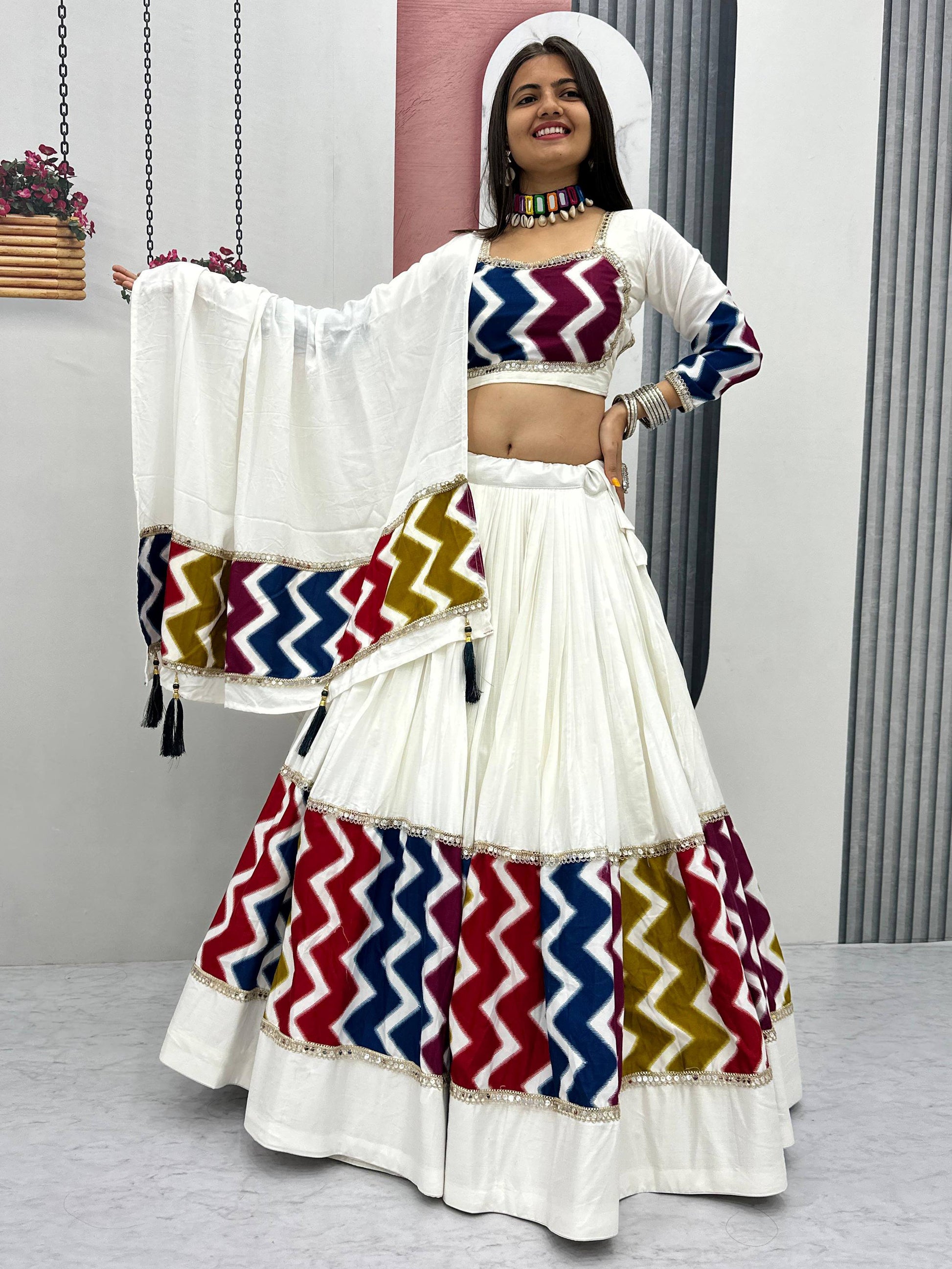 Marvelous White Cotton Printed Navratri Wear Lehenga Choli