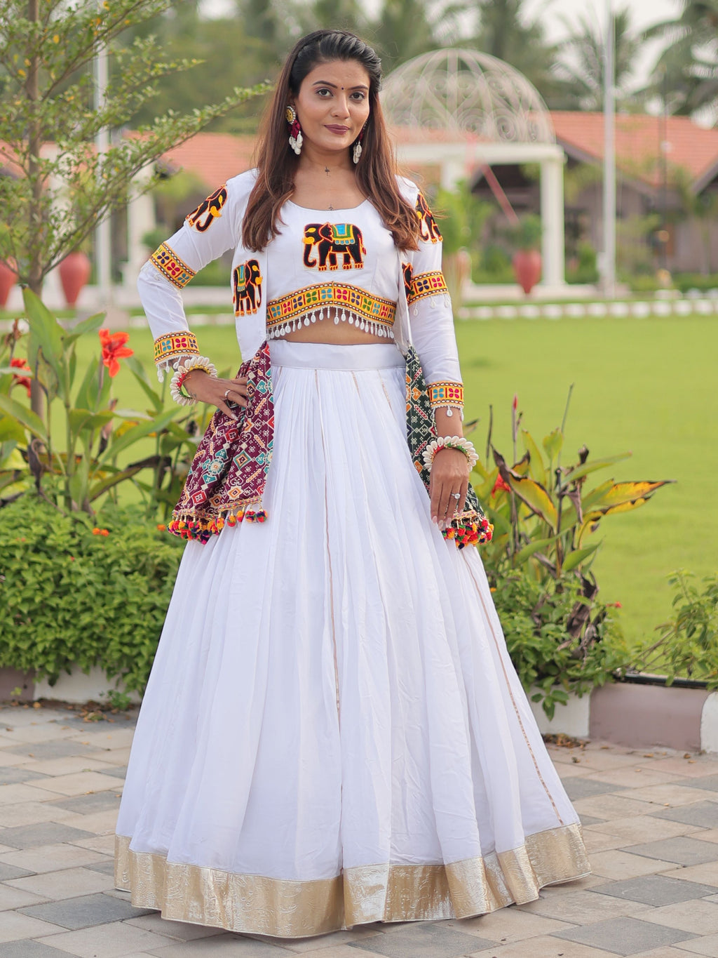 Wonderful White Cotton Gamthi Work Crop Top Lehenga With Jacket