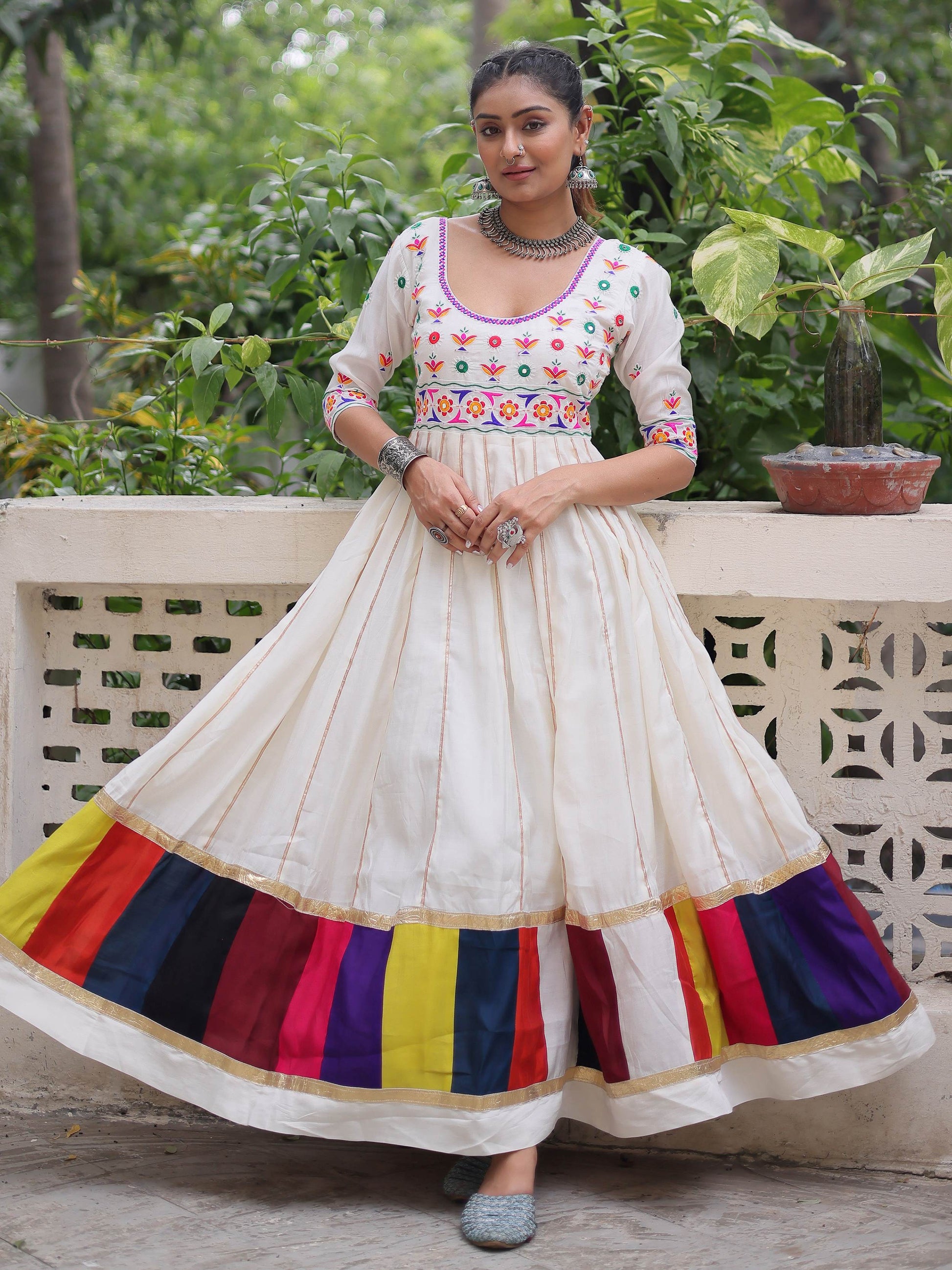 Timeless White Cotton Gota Patti Work Navratri Wear Gown