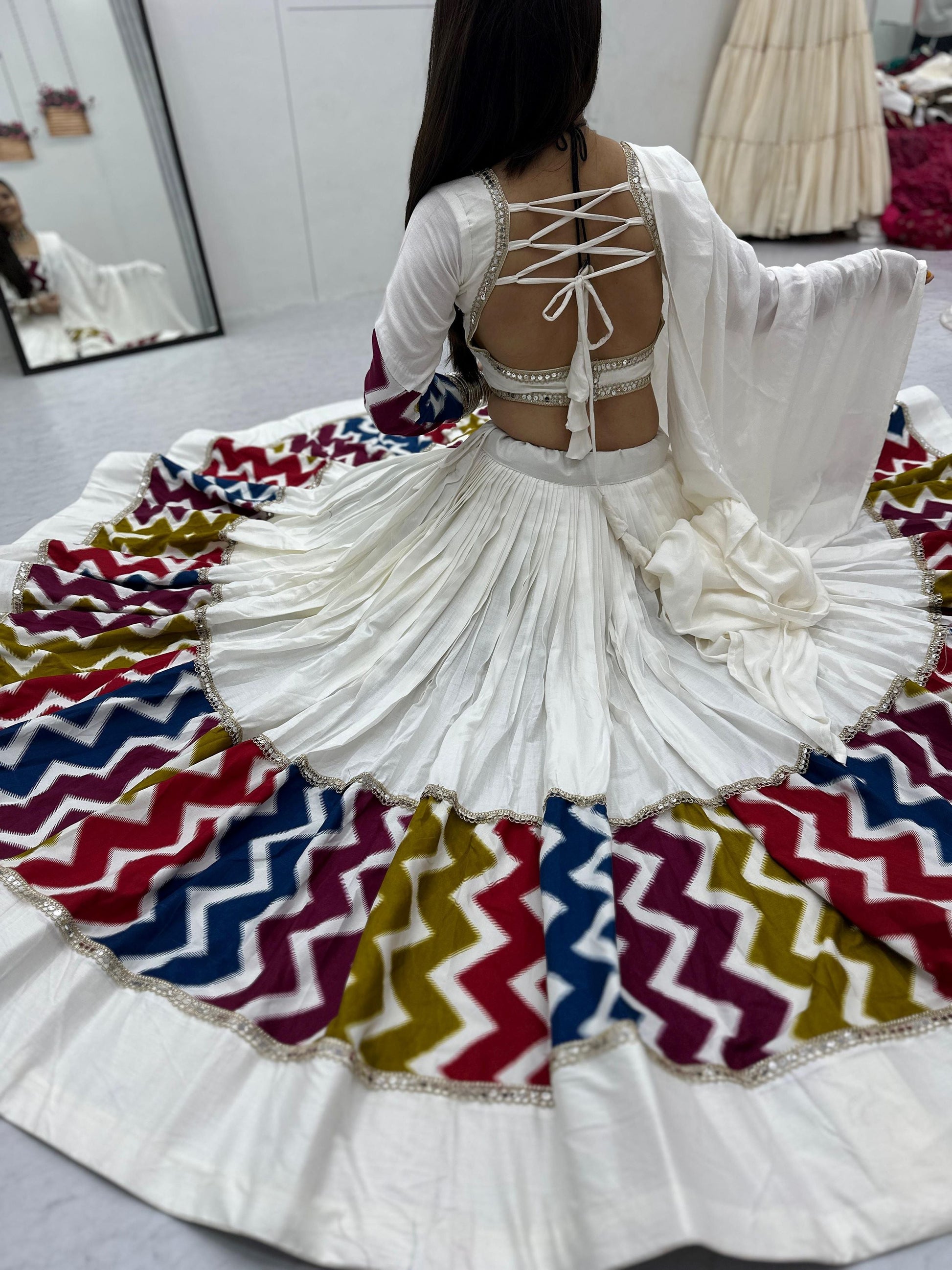 Marvelous White Cotton Printed Navratri Wear Lehenga Choli