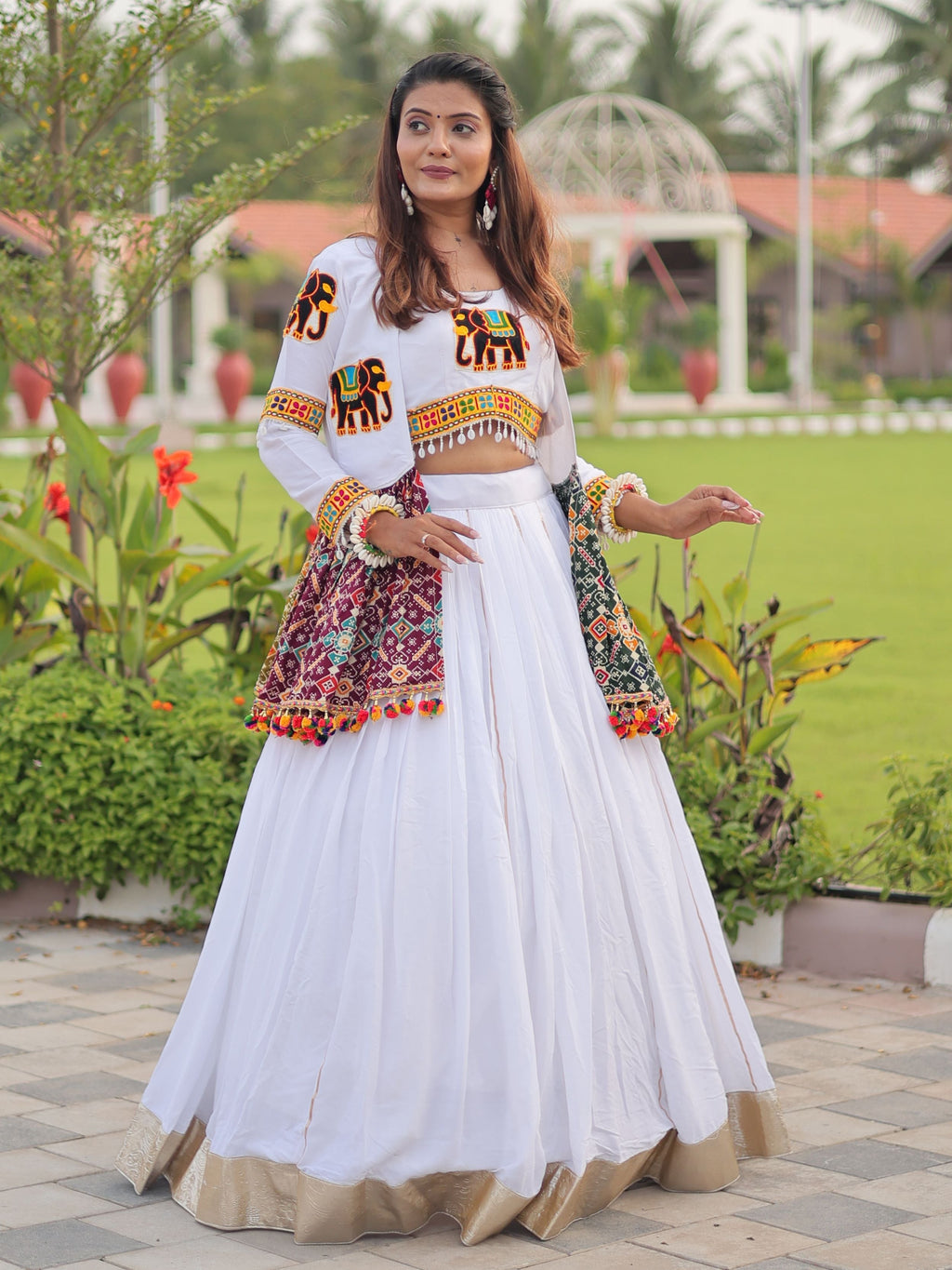 Wonderful White Cotton Gamthi Work Crop Top Lehenga With Jacket
