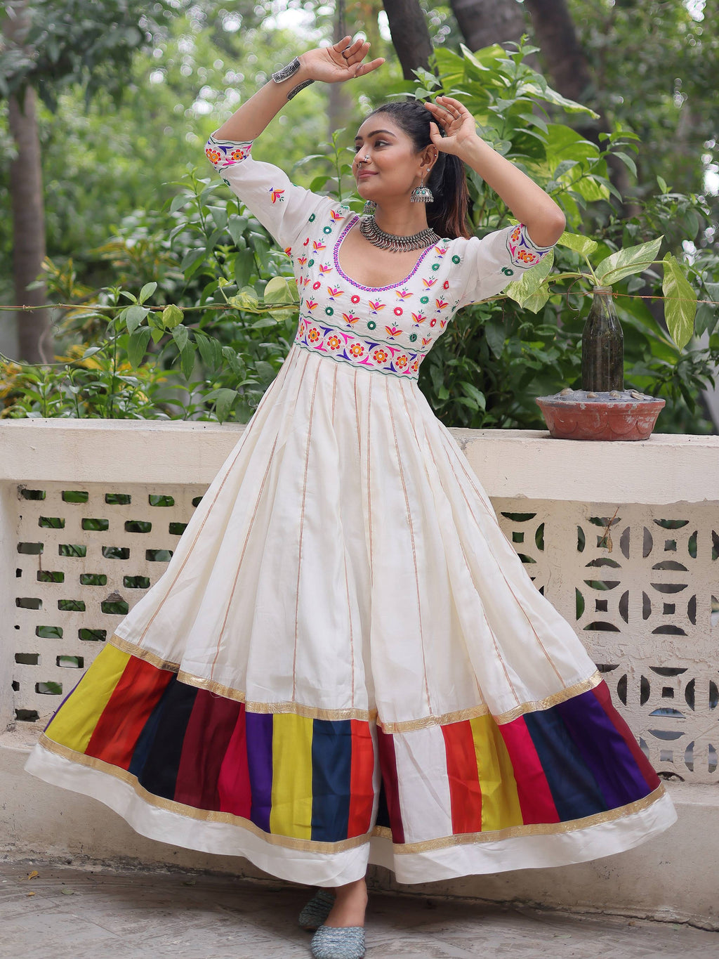 Timeless White Cotton Gota Patti Work Navratri Wear Gown