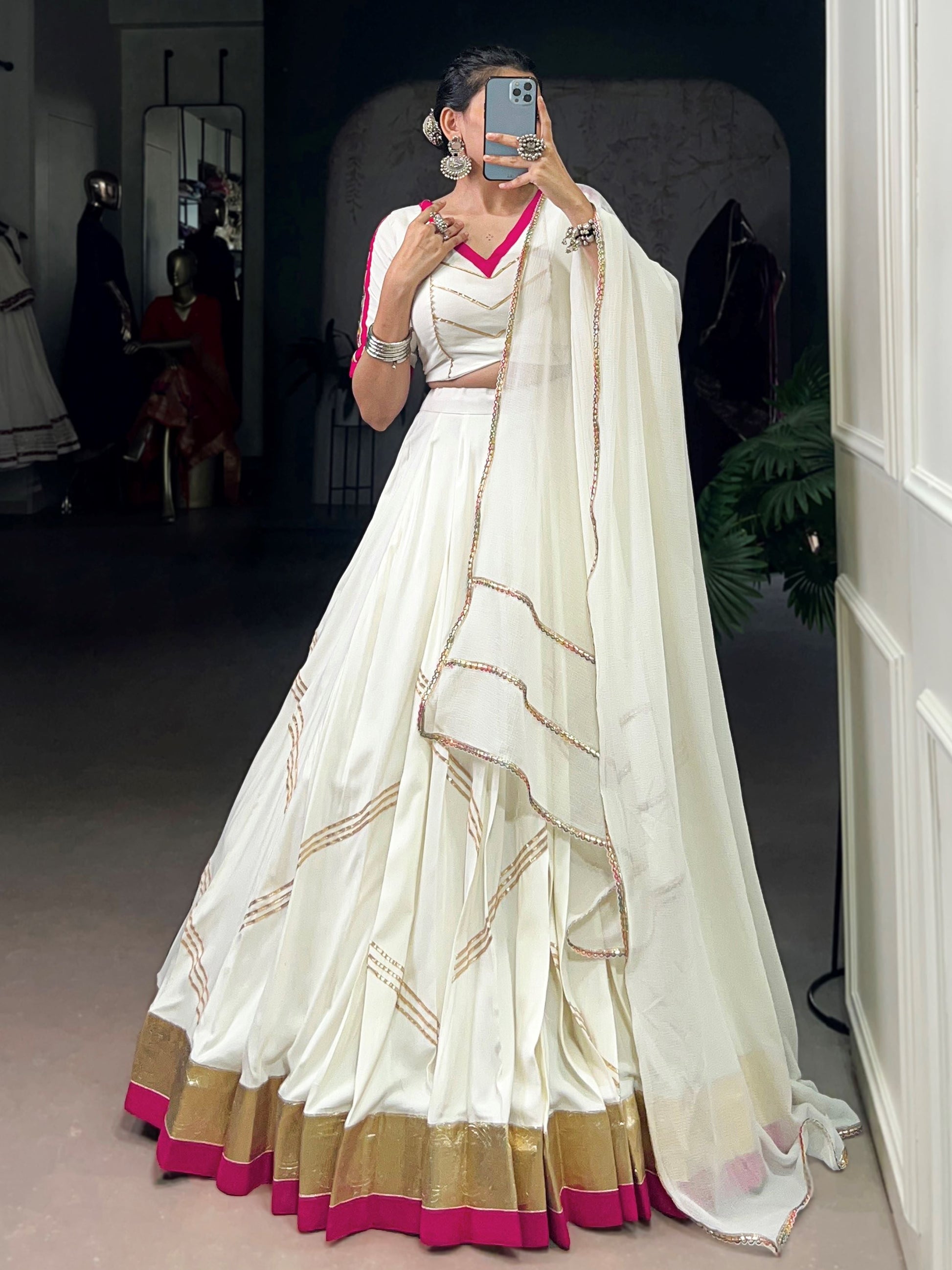 Desirable White Rayon Gota Patti Work Navratri Wear Lehenga Choli