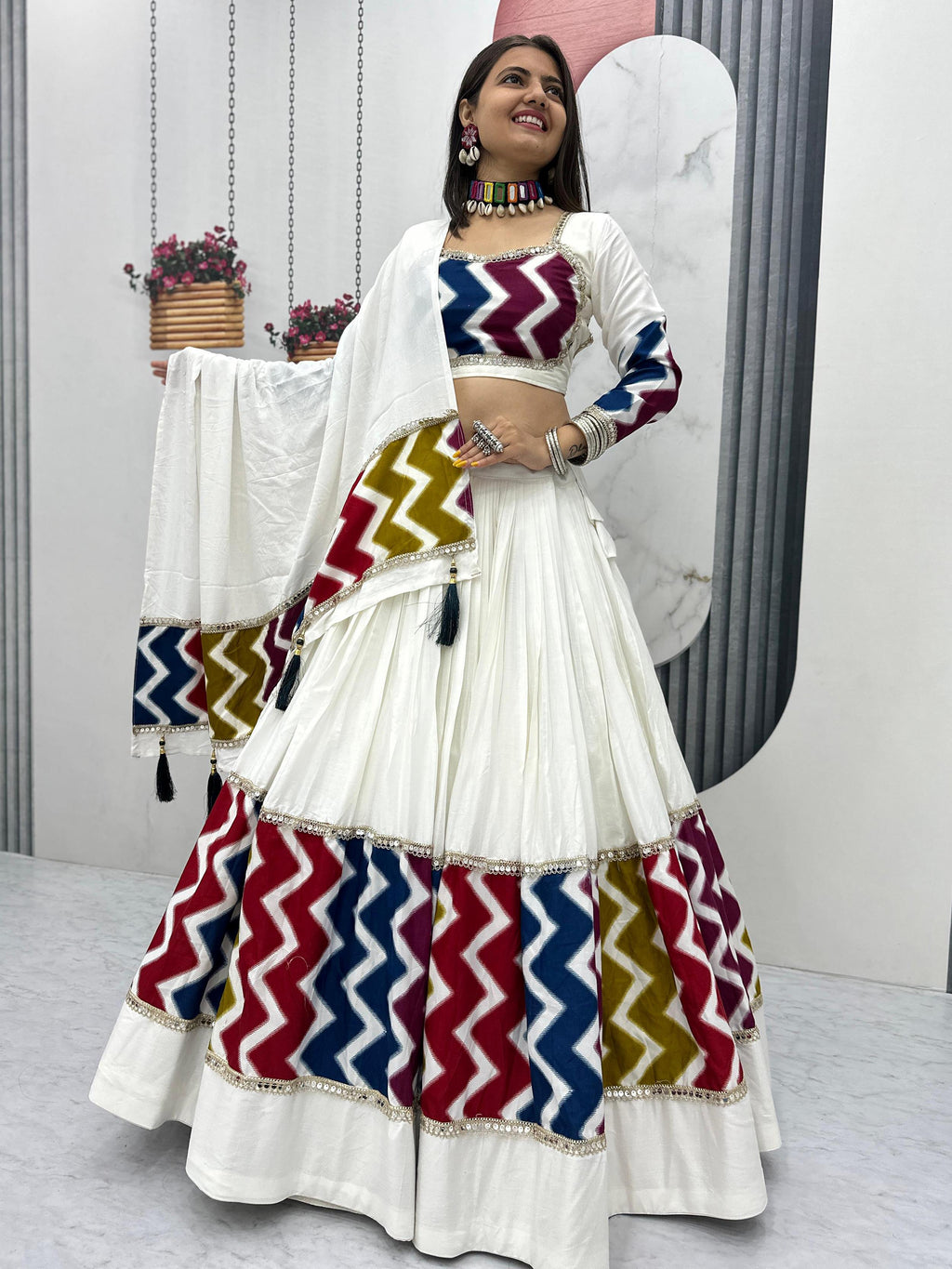 Marvelous White Cotton Printed Navratri Wear Lehenga Choli