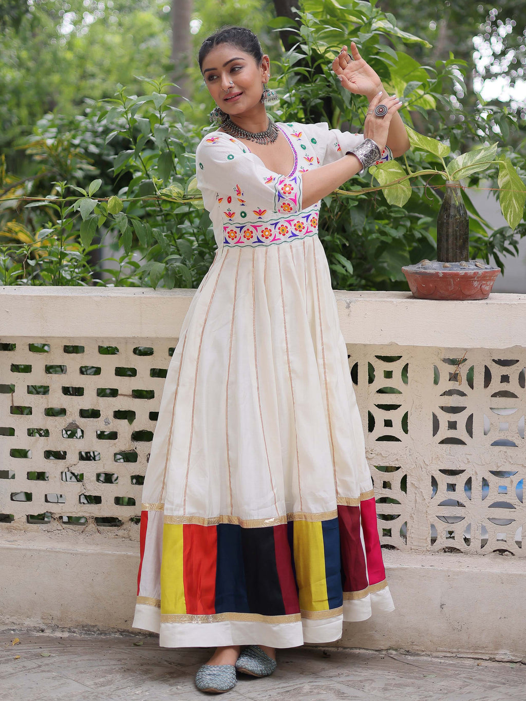 Timeless White Cotton Gota Patti Work Navratri Wear Gown