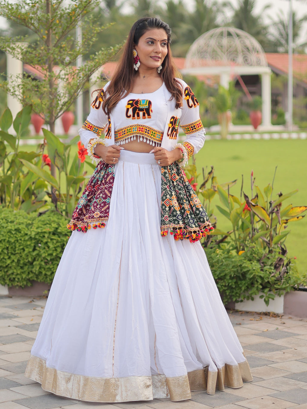 Wonderful White Cotton Gamthi Work Crop Top Lehenga With Jacket