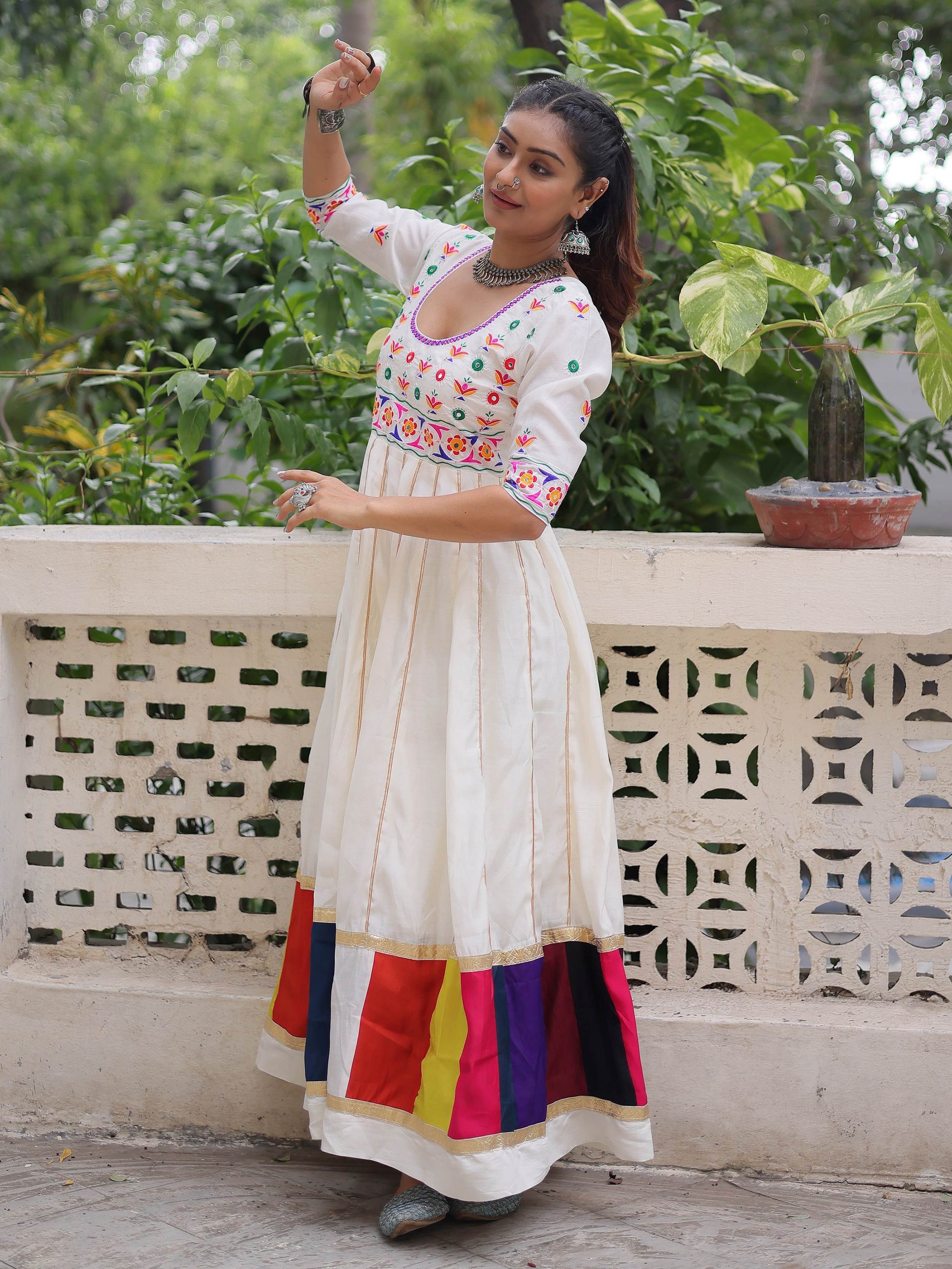 Timeless White Cotton Gota Patti Work Navratri Wear Gown