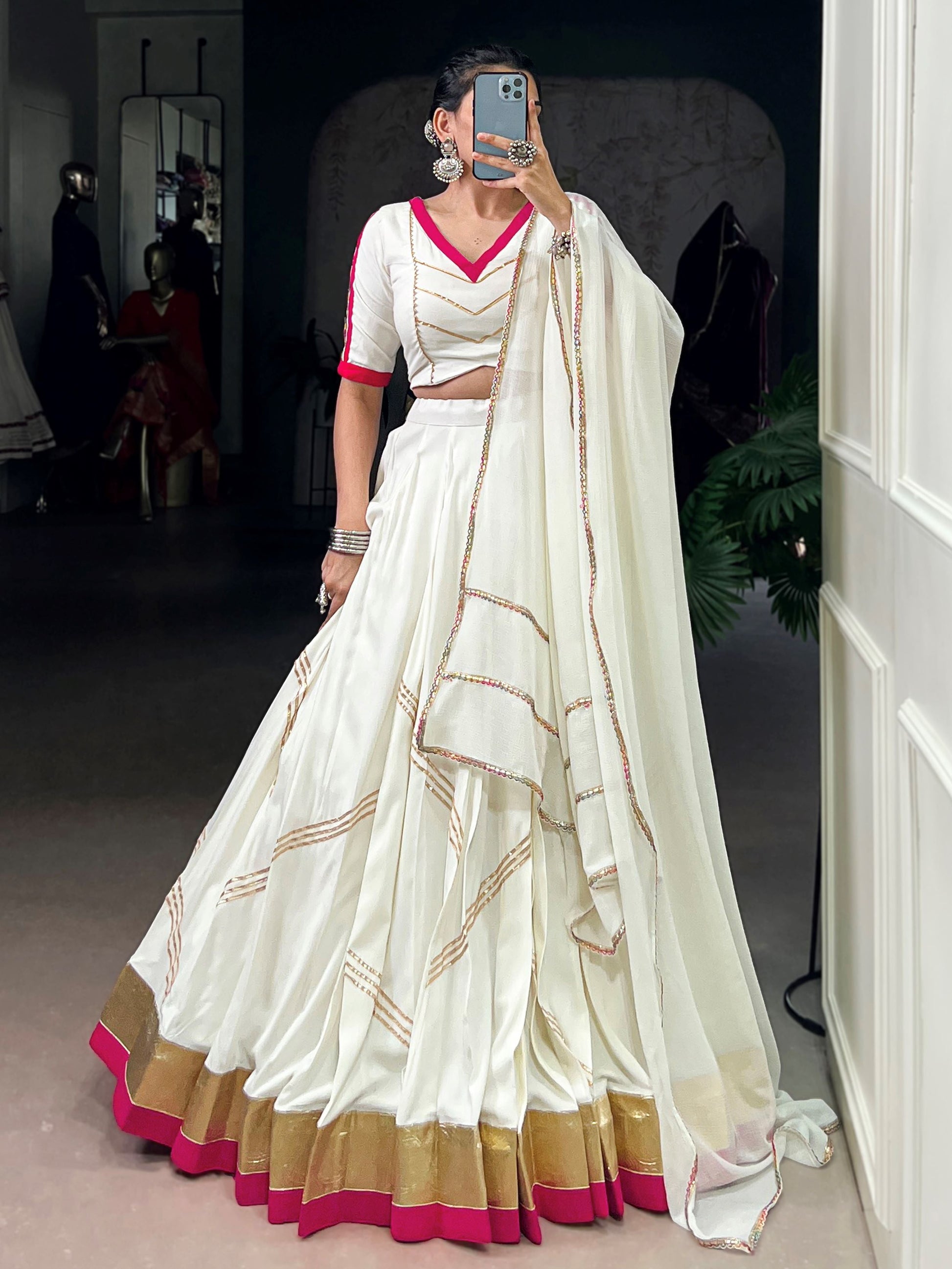 Desirable White Rayon Gota Patti Work Navratri Wear Lehenga Choli