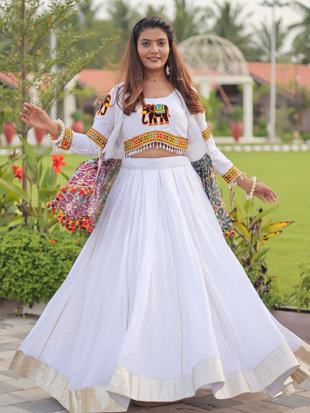 Wonderful White Cotton Gamthi Work Crop Top Lehenga With Jacket