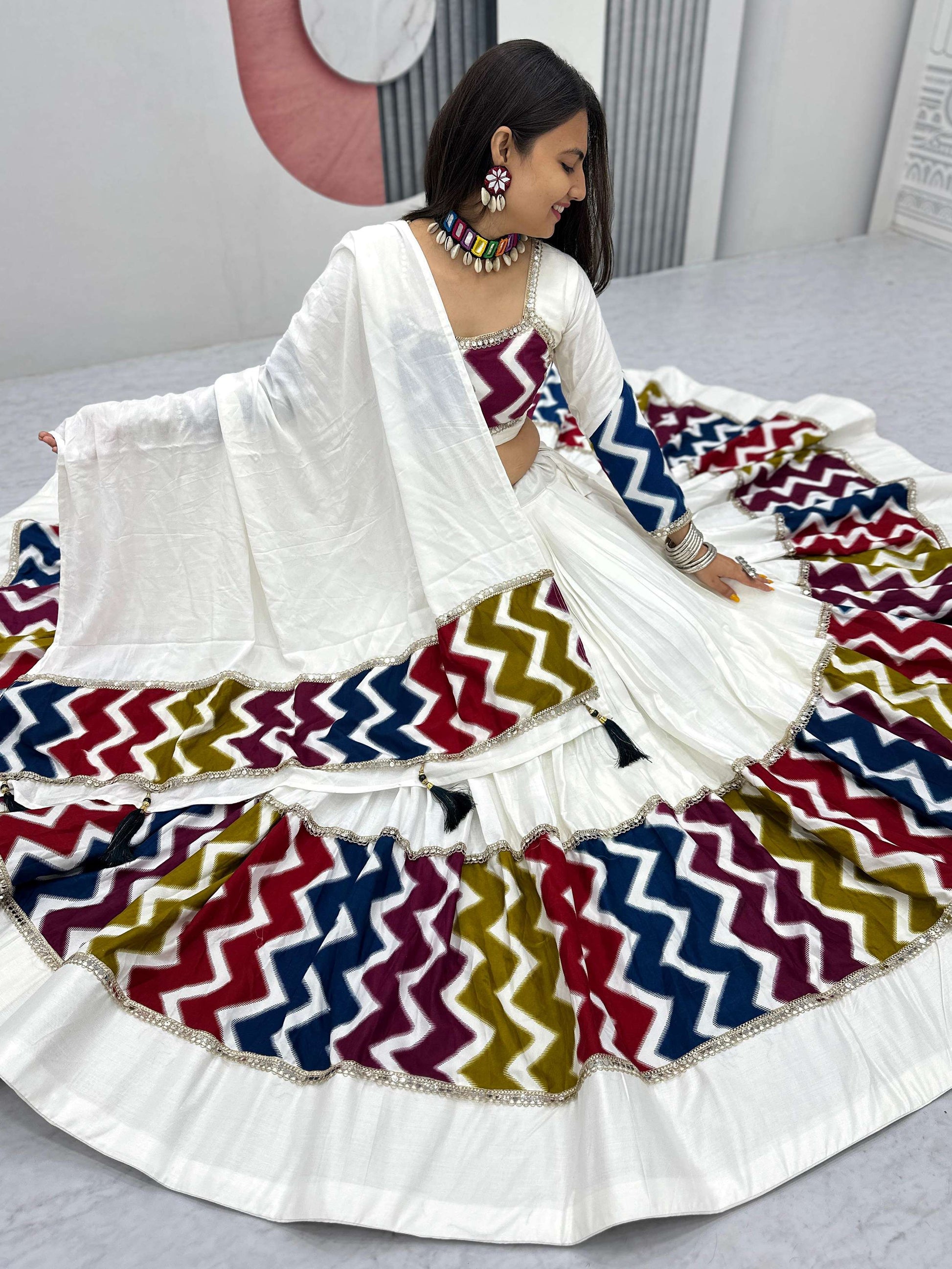 Marvelous White Cotton Printed Navratri Wear Lehenga Choli