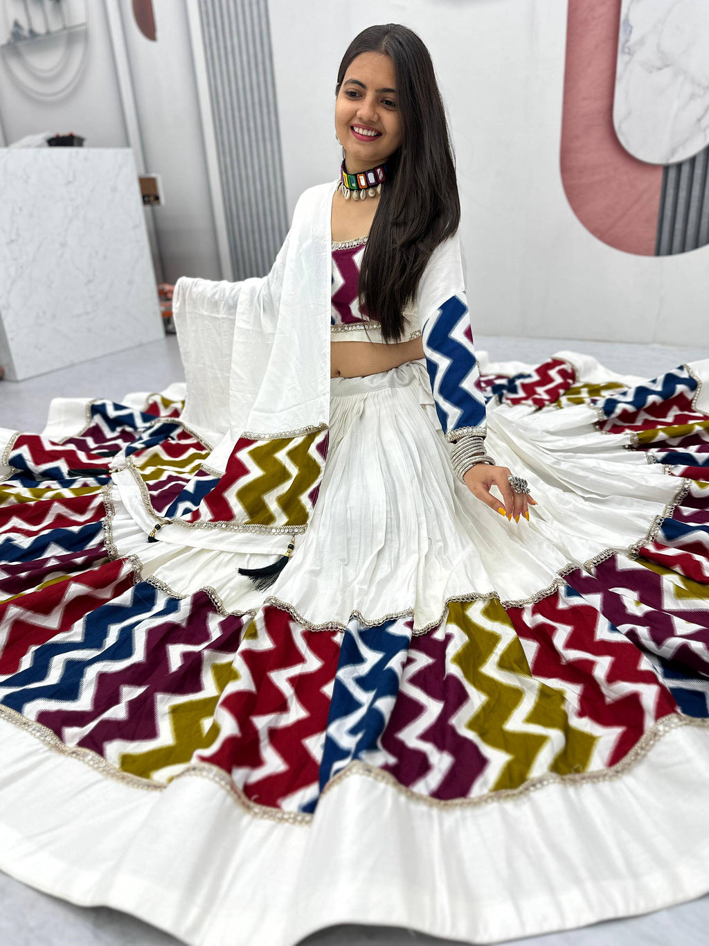 Marvelous White Cotton Printed Navratri Wear Lehenga Choli