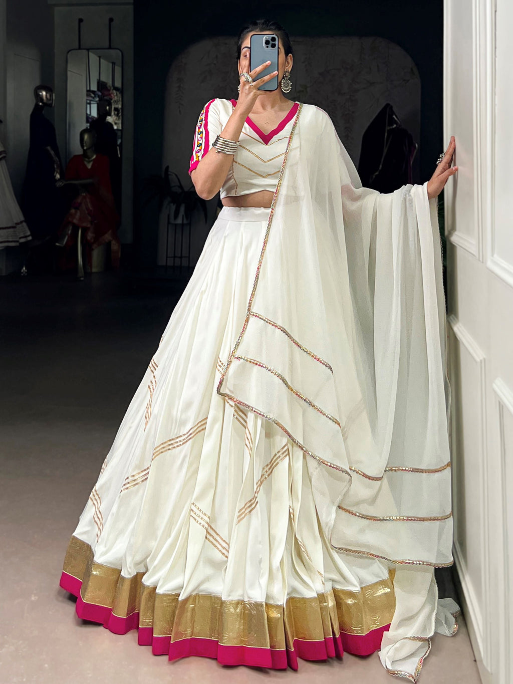 Desirable White Rayon Gota Patti Work Navratri Wear Lehenga Choli