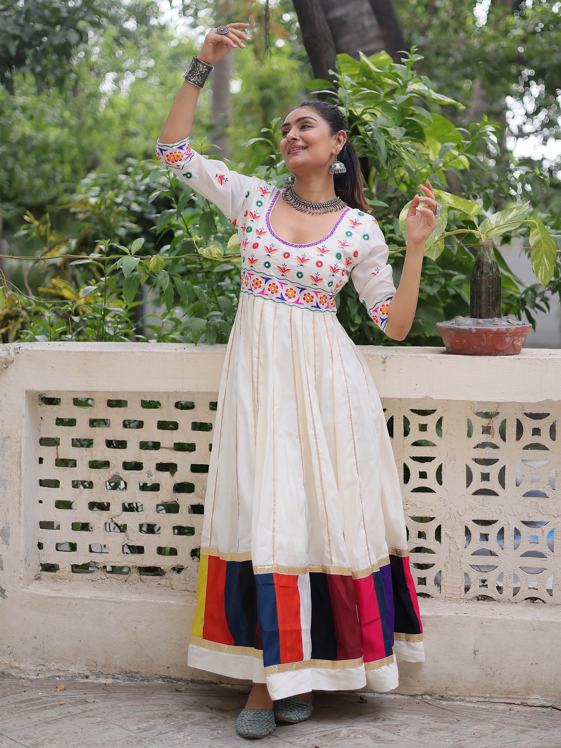 Timeless White Cotton Gota Patti Work Navratri Wear Gown