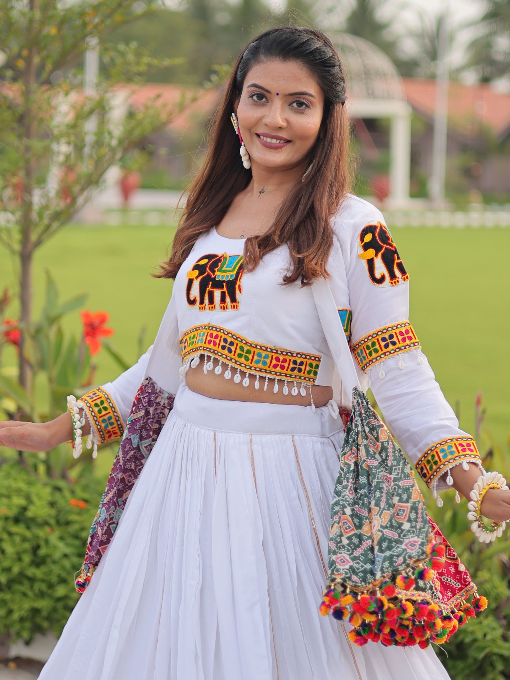 Wonderful White Cotton Gamthi Work Crop Top Lehenga With Jacket