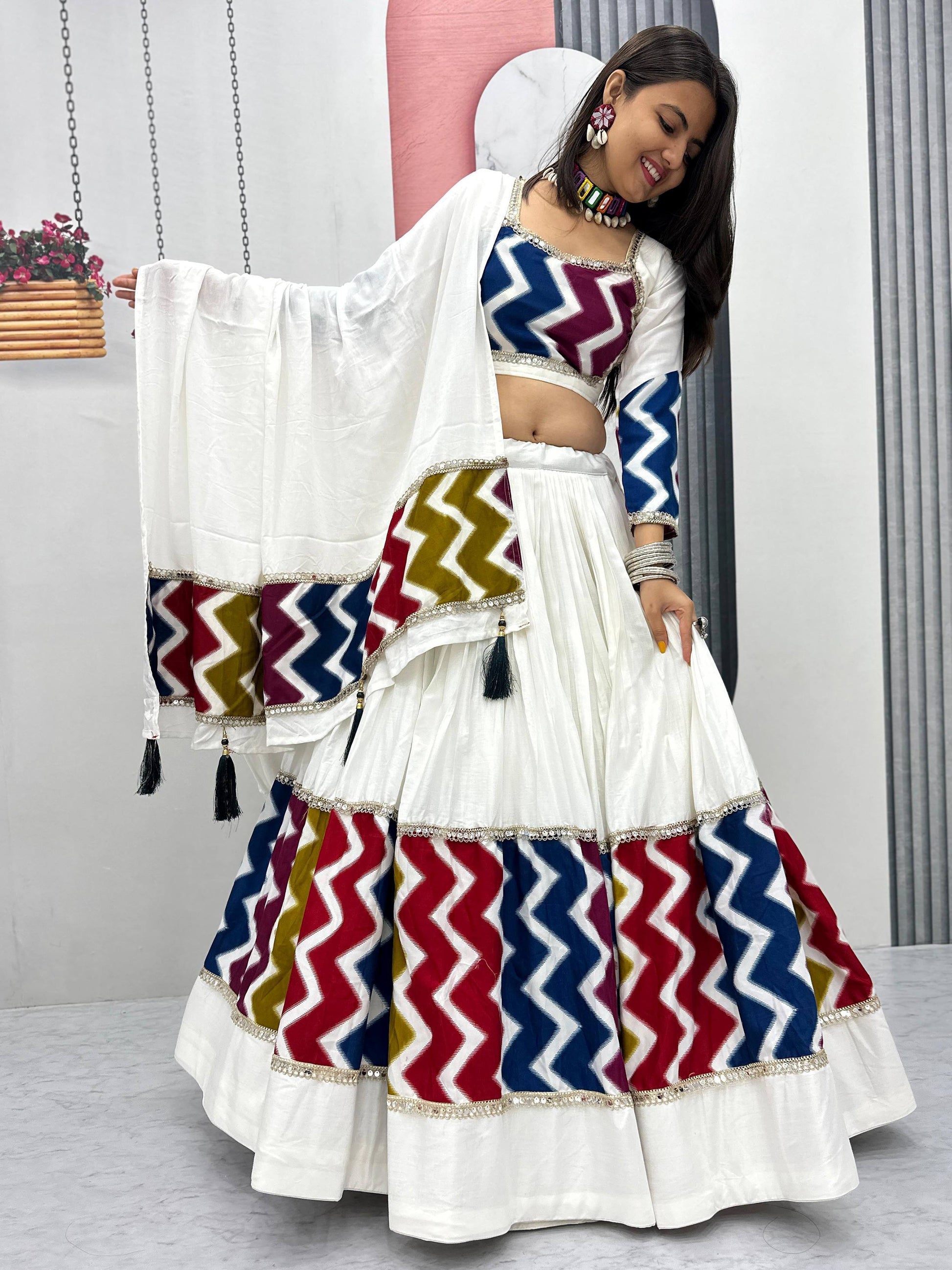 Marvelous White Cotton Printed Navratri Wear Lehenga Choli