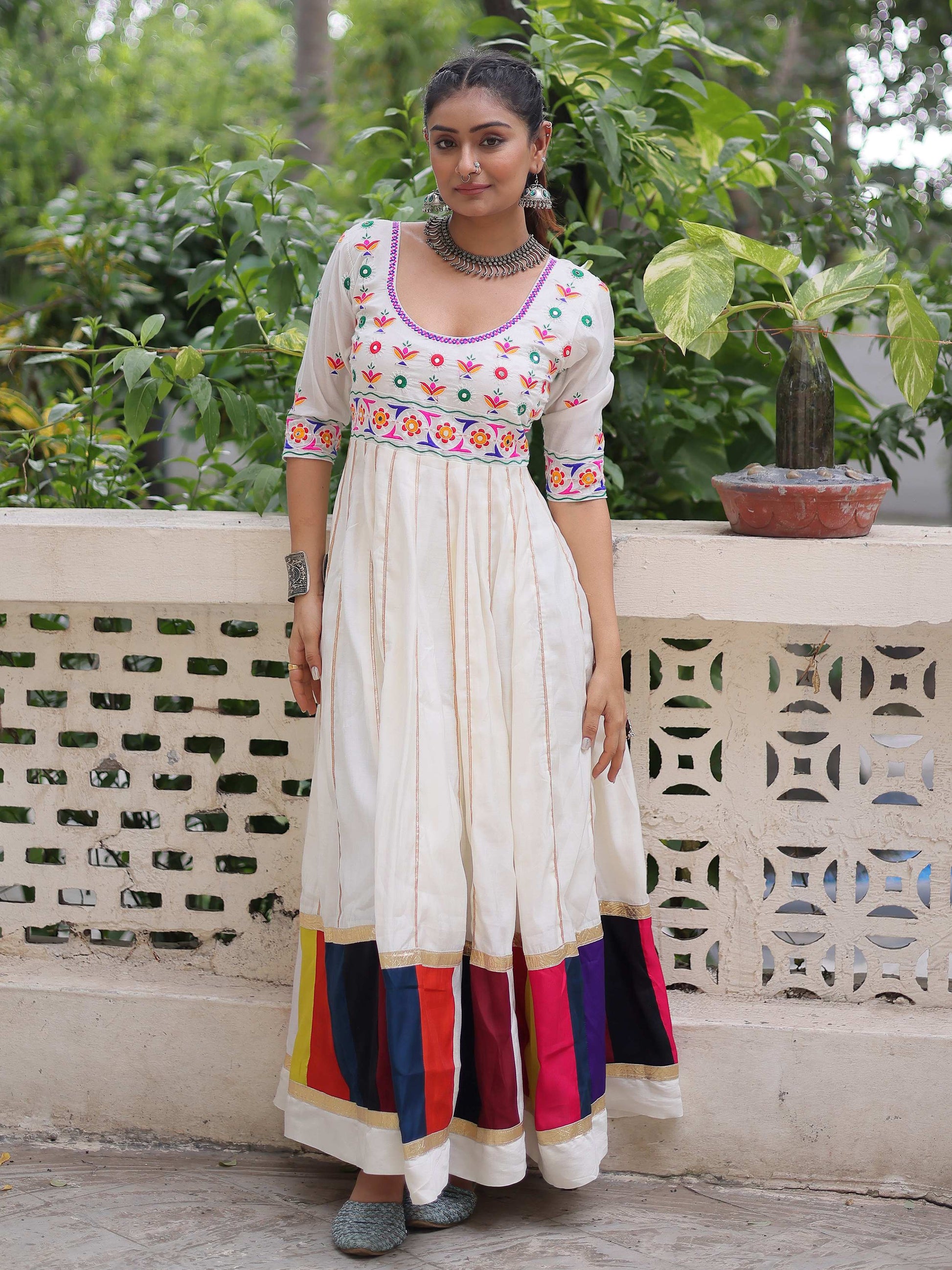 Timeless White Cotton Gota Patti Work Navratri Wear Gown